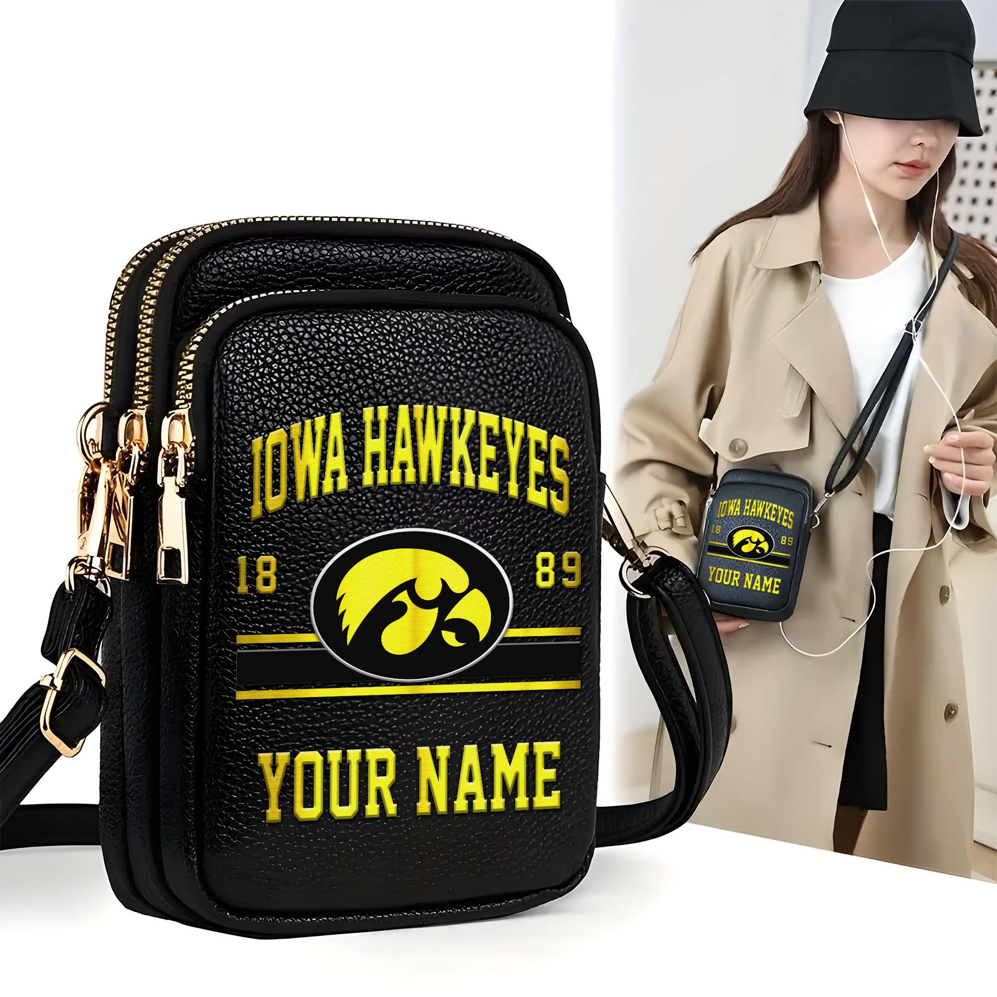 Iowa Hawkeyes Customized Women's Mobile Phone Bag with Your Name, Leather Crossbody Bag, Fan Gifts EHIVM-0206714