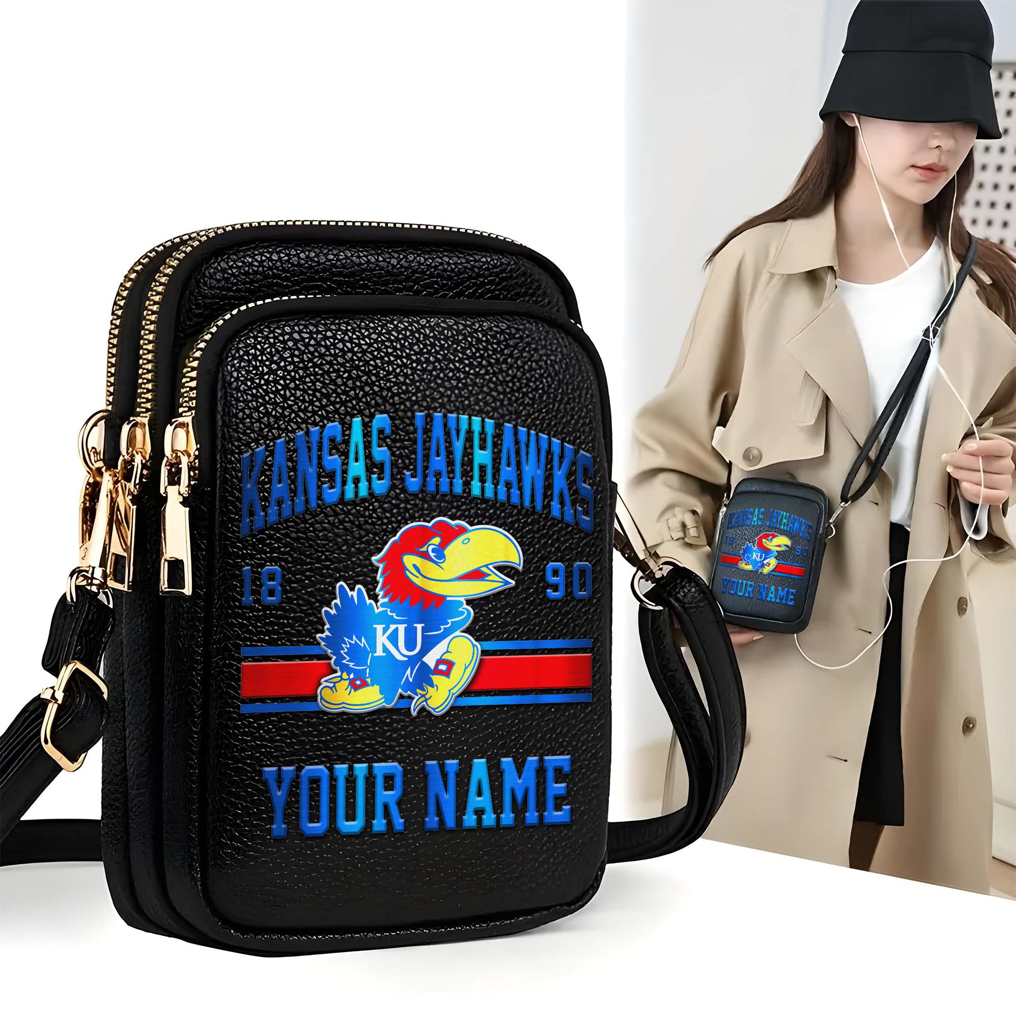 Kansas Jayhawks Customized Women's Mobile Phone Bag with Your Name, Leather Crossbody Bag, Fan Gifts EHIVM-0206714