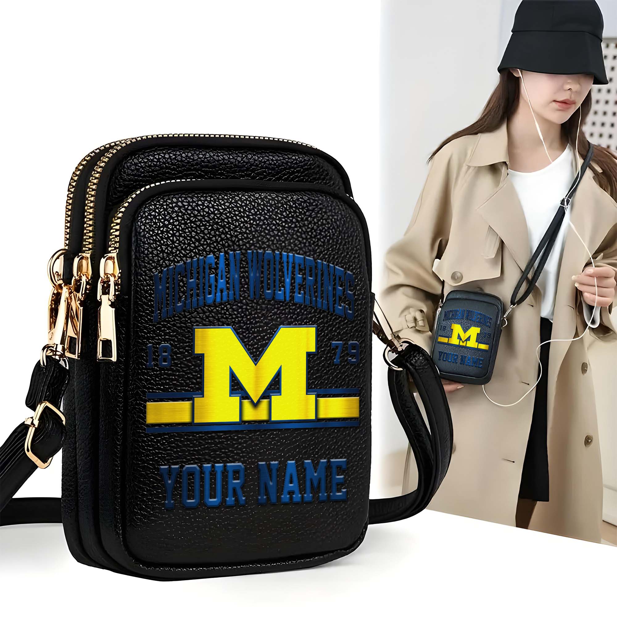 Michigan Wolverines Customized Women's Mobile Phone Bag with Your Name, Leather Crossbody Bag, Fan Gifts EHIVM-0206714