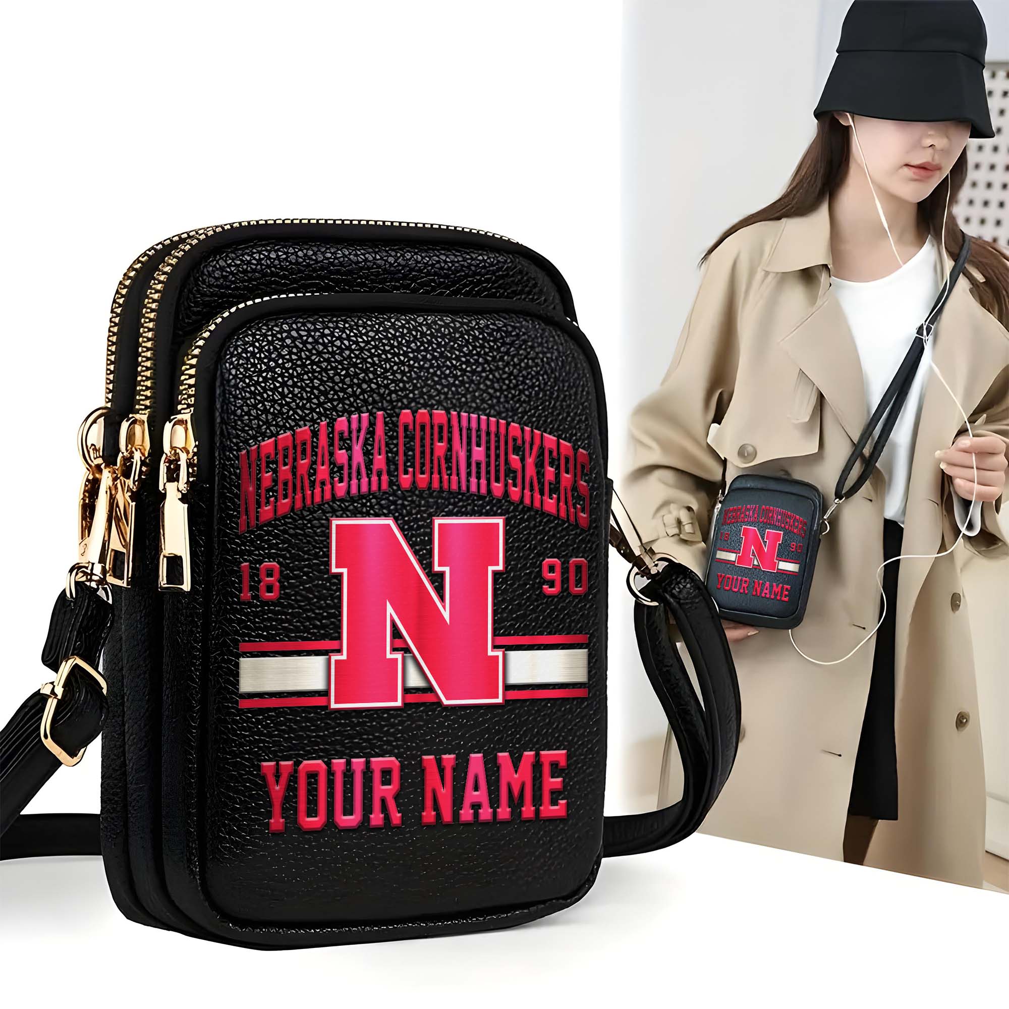 Nebraska Cornhuskers Customized Women's Mobile Phone Bag with Your Name, Leather Crossbody Bag, Fan Gifts EHIVM-0206714