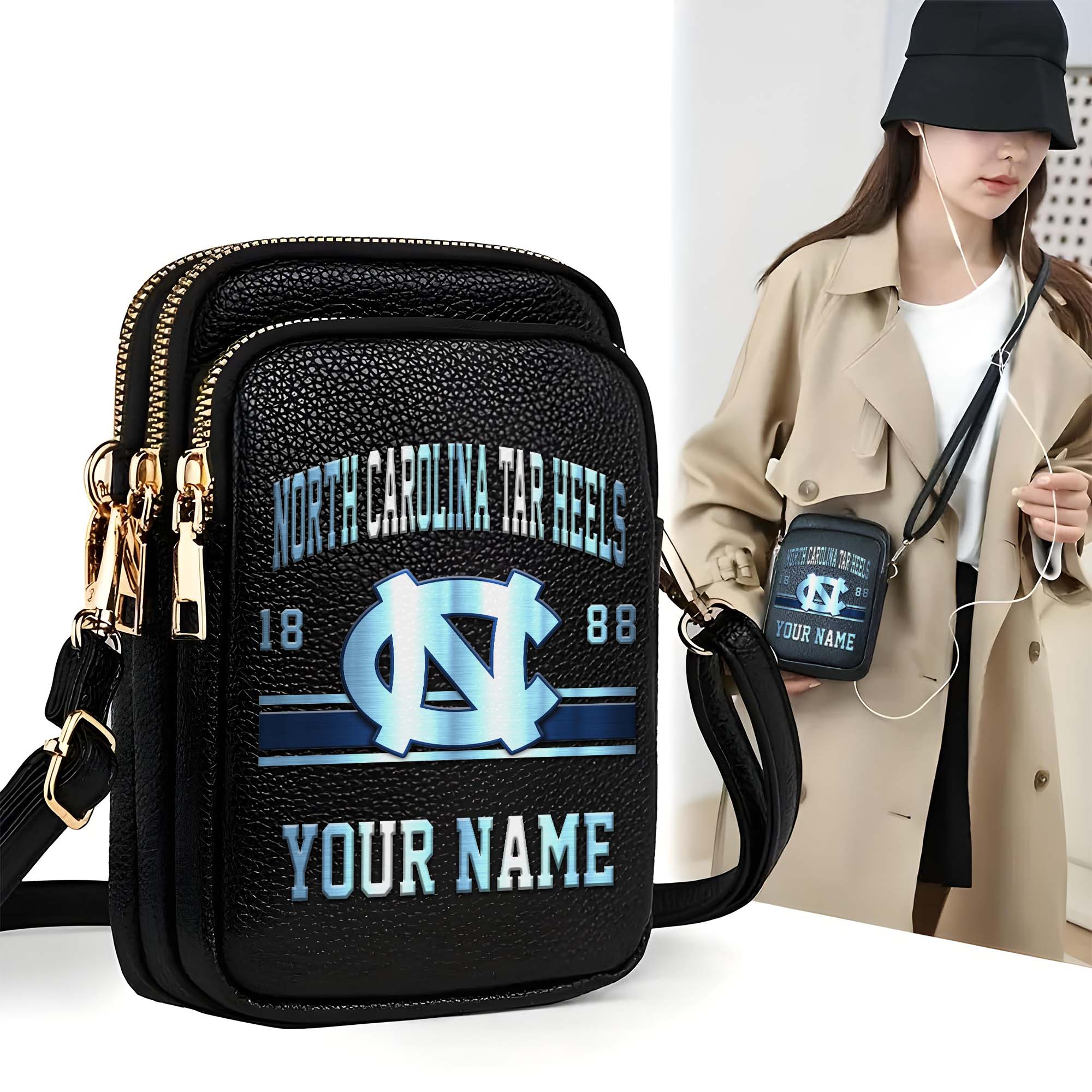 North Carolina Tar Heels Customized Women's Mobile Phone Bag with Your Name, Leather Crossbody Bag, Fan Gifts EHIVM-0206714