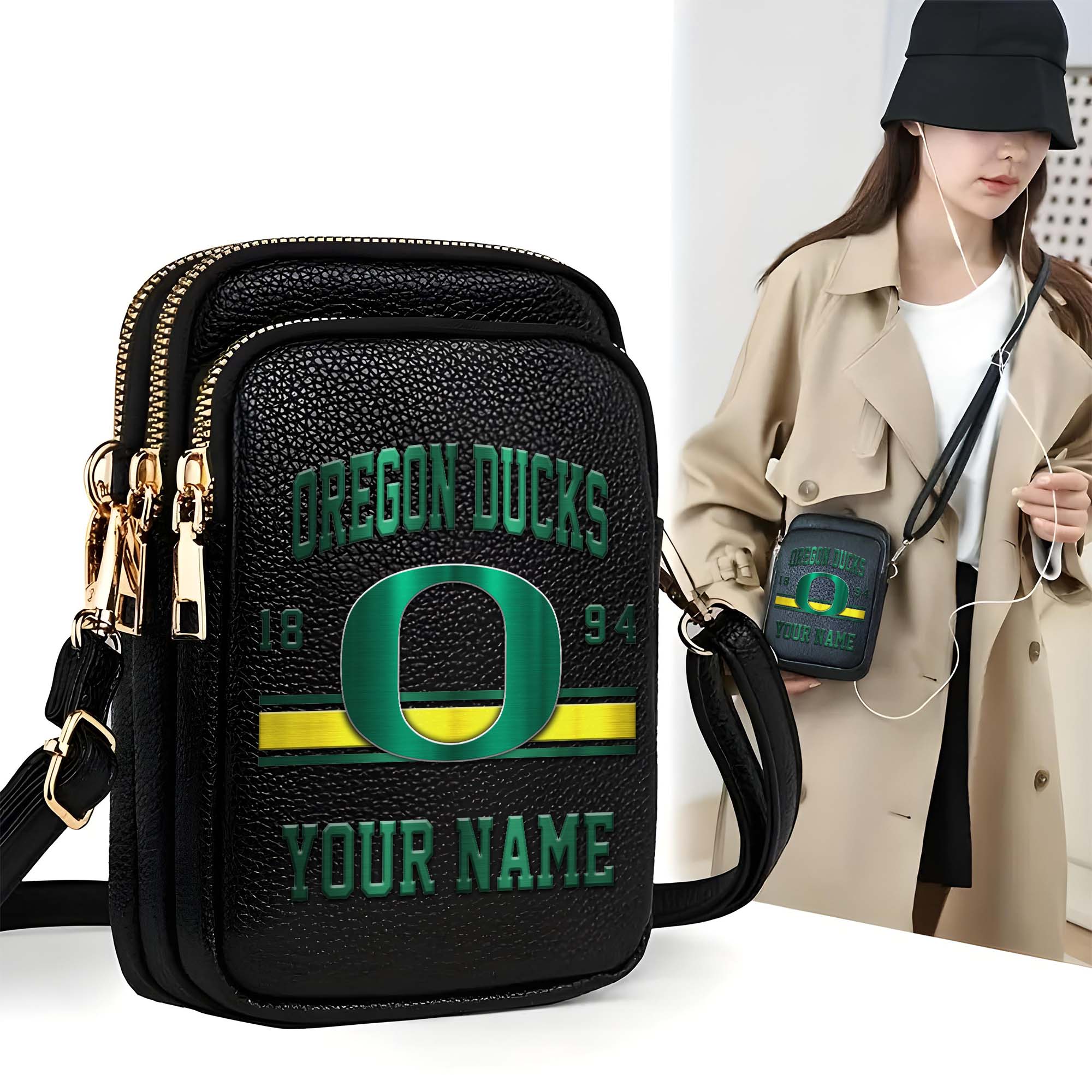 Oregon Ducks Customized Women's Mobile Phone Bag with Your Name, Leather Crossbody Bag, Fan Gifts EHIVM-0206714