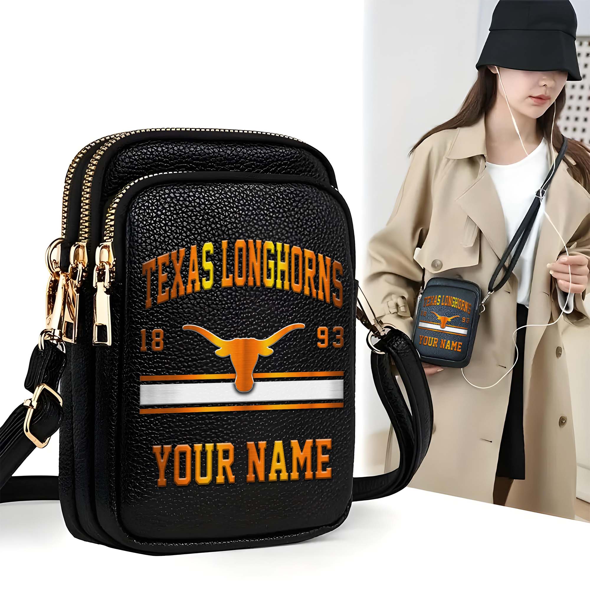Texas Longhorns Customized Women's Mobile Phone Bag with Your Name, Leather Crossbody Bag, Fan Gifts EHIVM-0206714