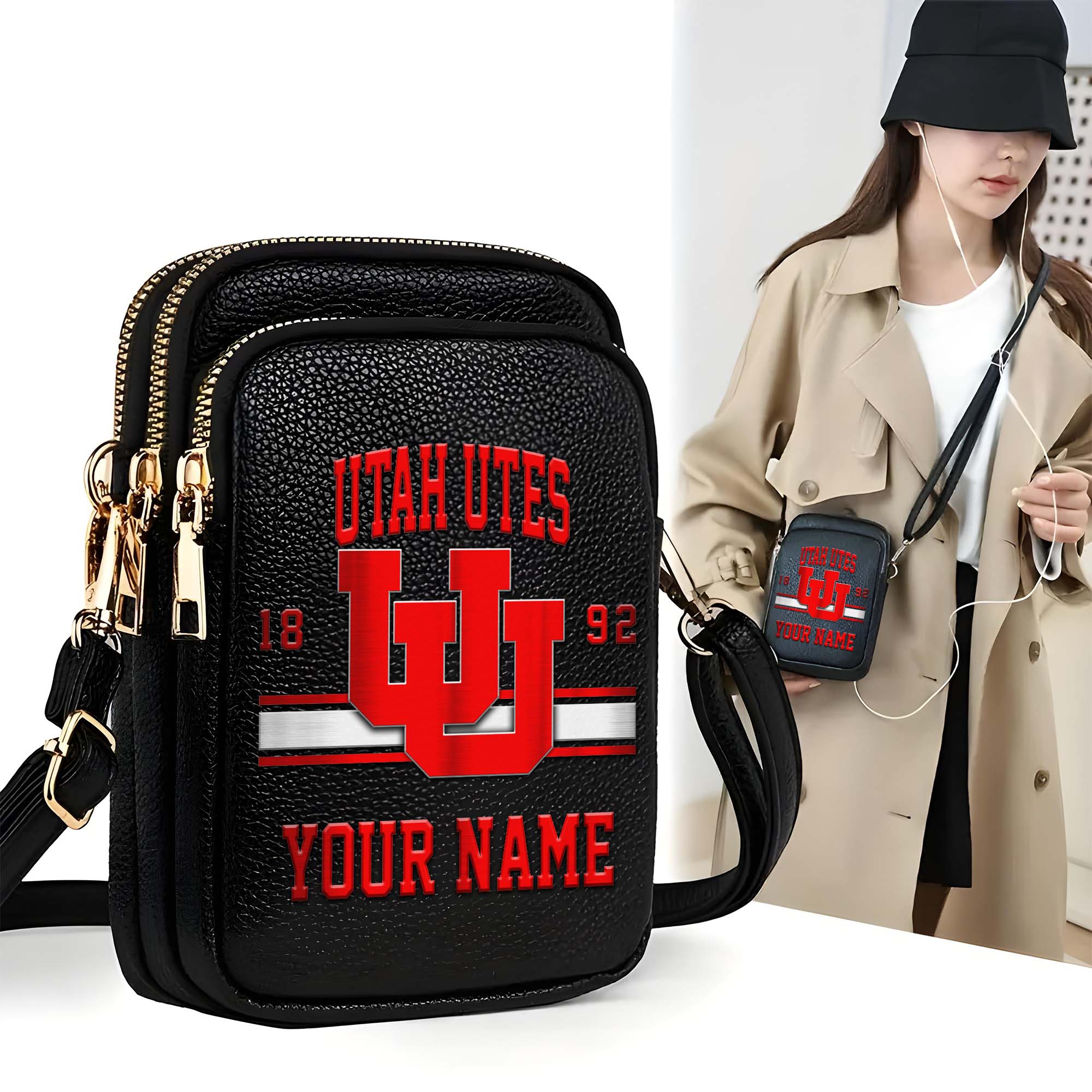 Utah Utes Customized Women's Mobile Phone Bag with Your Name, Leather Crossbody Bag, Fan Gifts EHIVM-0206714