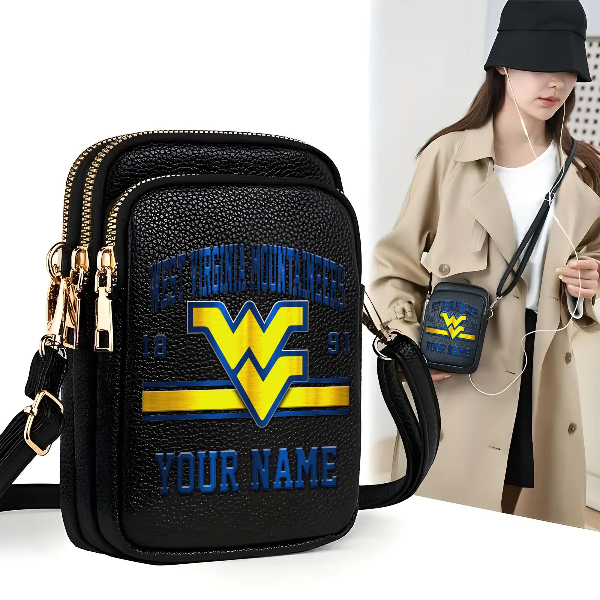 West Virginia Mountaineers Customized Women's Mobile Phone Bag with Your Name, Leather Crossbody Bag, Fan Gifts EHIVM-0206714