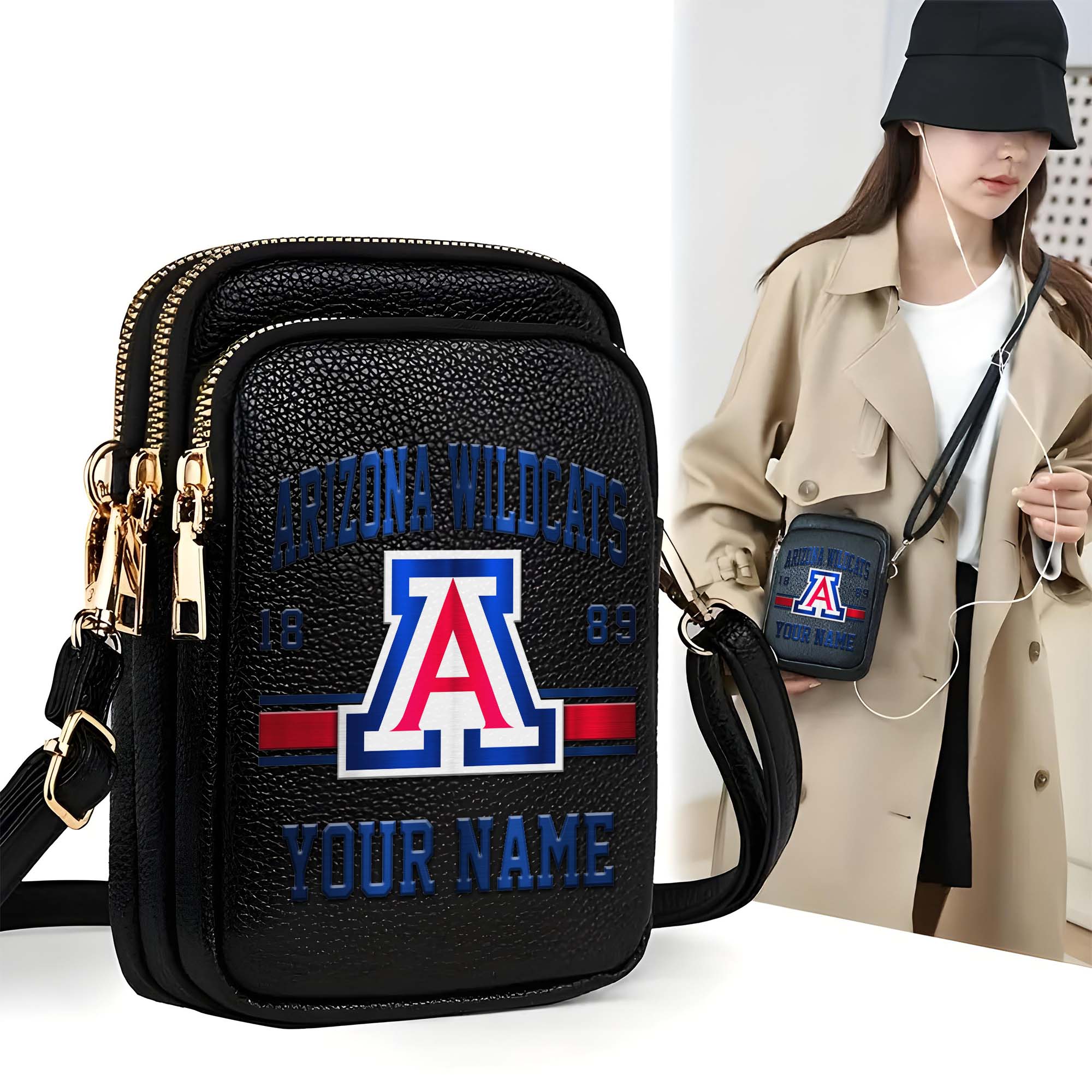 Arizona Wildcats Customized Women's Mobile Phone Bag with Your Name, Leather Crossbody Bag, Fan Gifts EHIVM-0206714