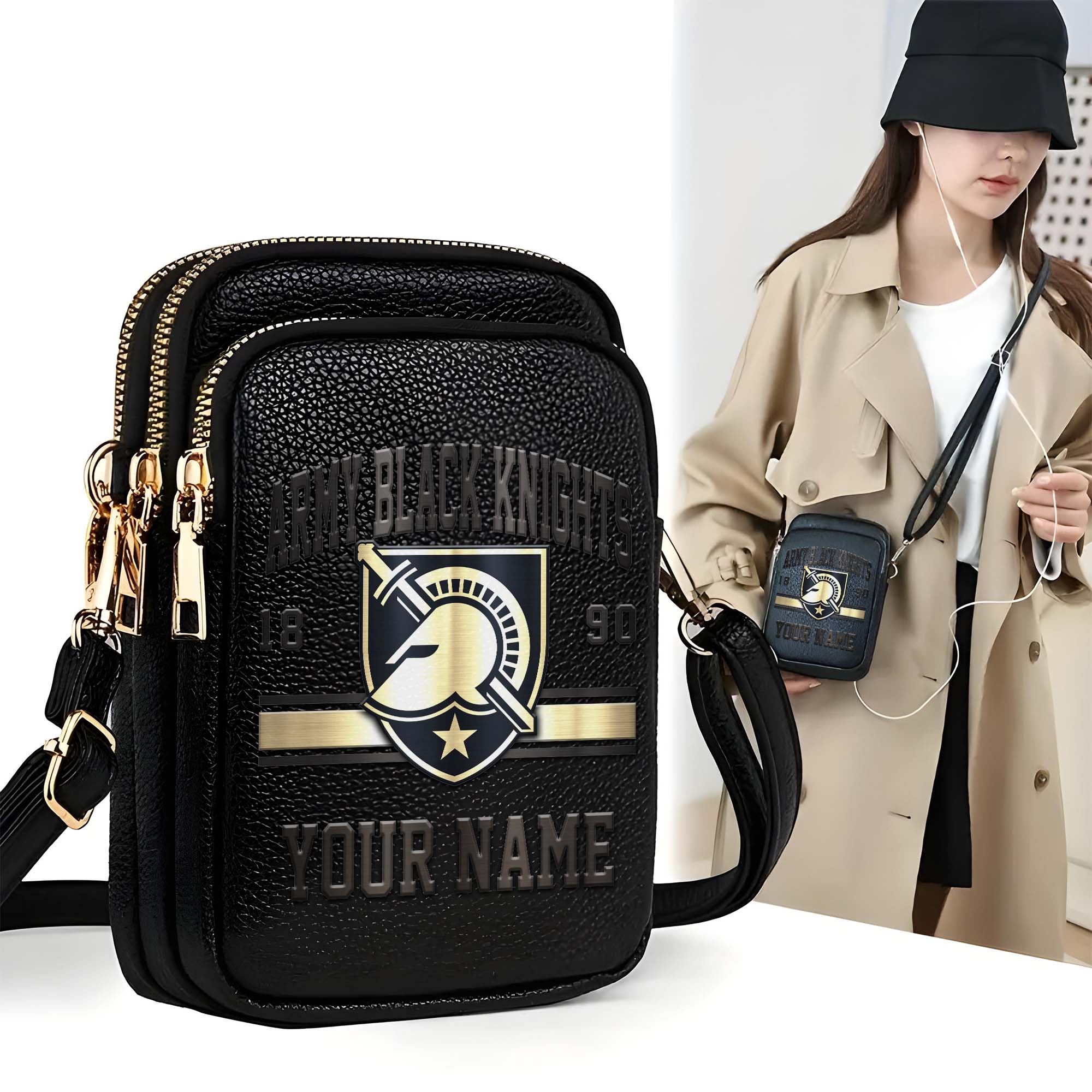 Army Black Knights Customized Women's Mobile Phone Bag with Your Name, Leather Crossbody Bag, Fan Gifts EHIVM-0206714