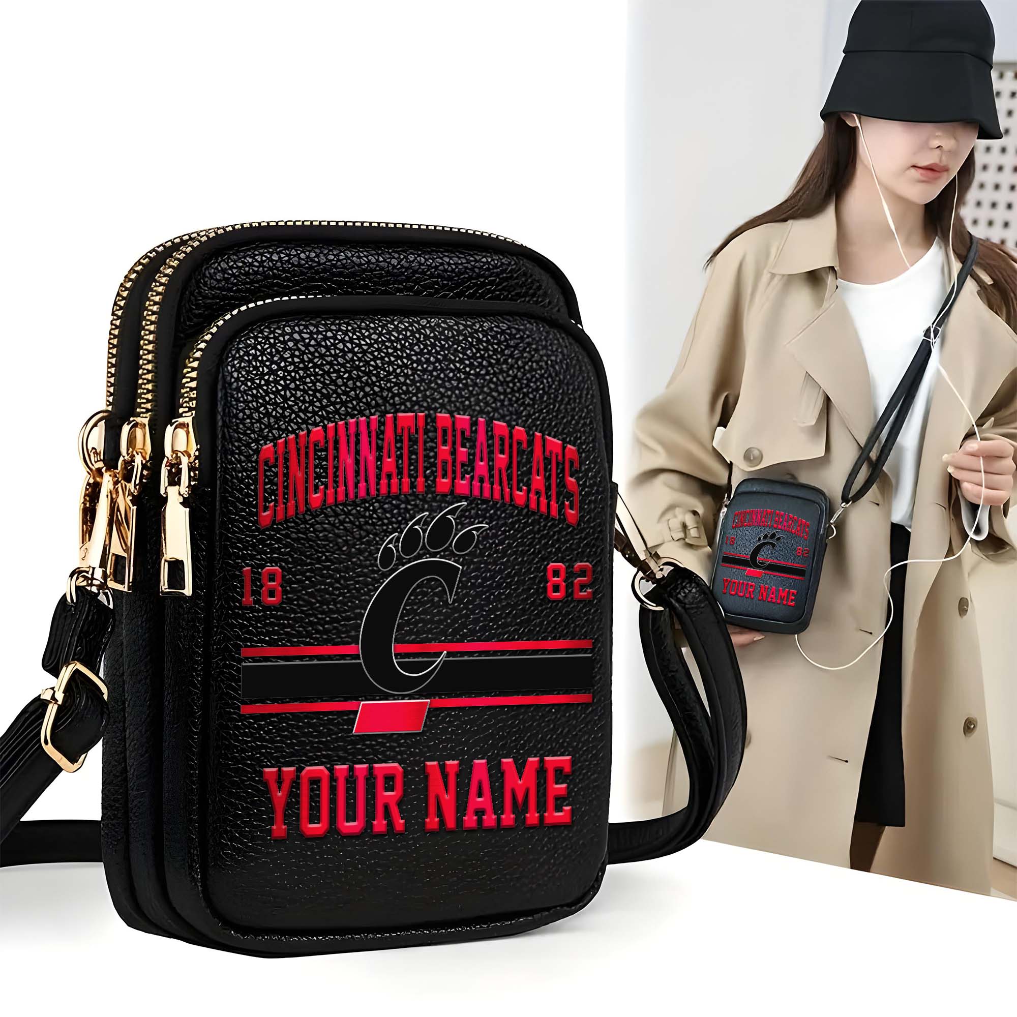 Cincinnati Bearcats Customized Women's Mobile Phone Bag with Your Name, Leather Crossbody Bag, Fan Gifts EHIVM-0206714