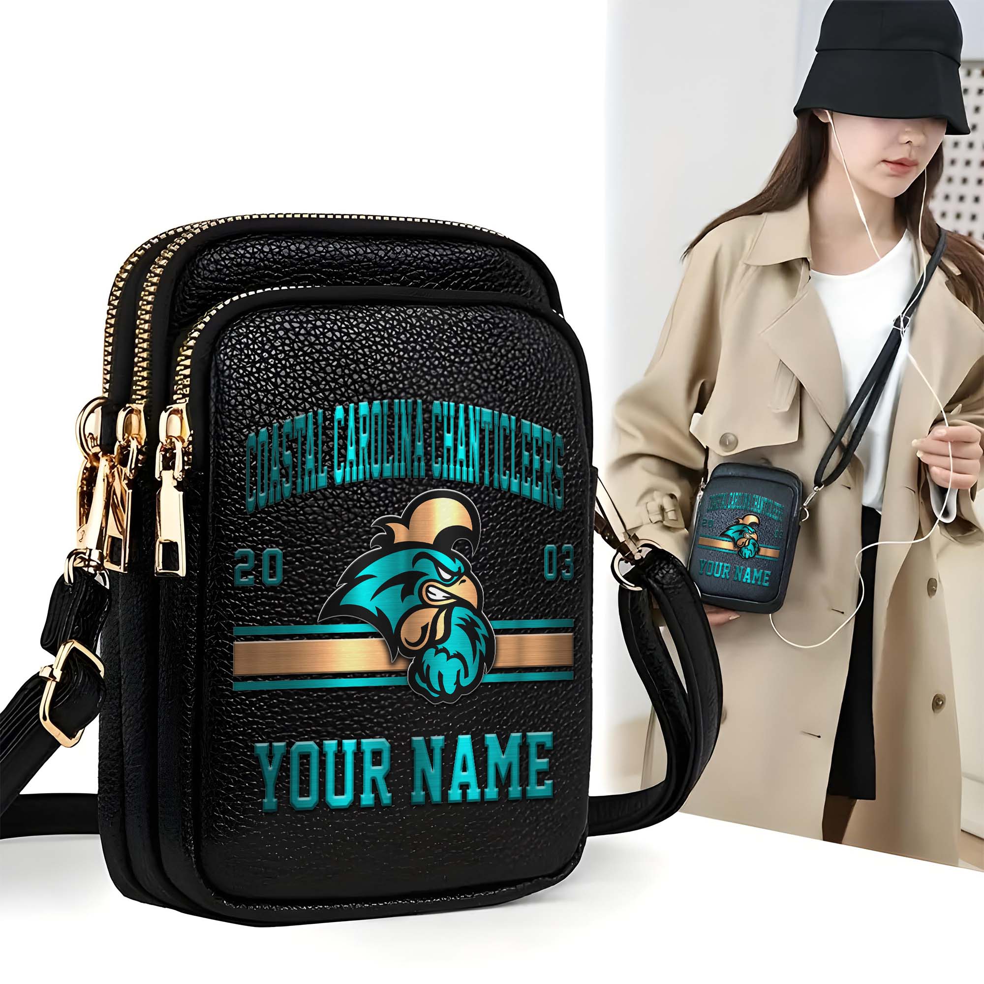 Coastal Carolina Chanticleers Customized Women's Mobile Phone Bag with Your Name, Leather Crossbody Bag, Fan Gifts EHIVM-0206714