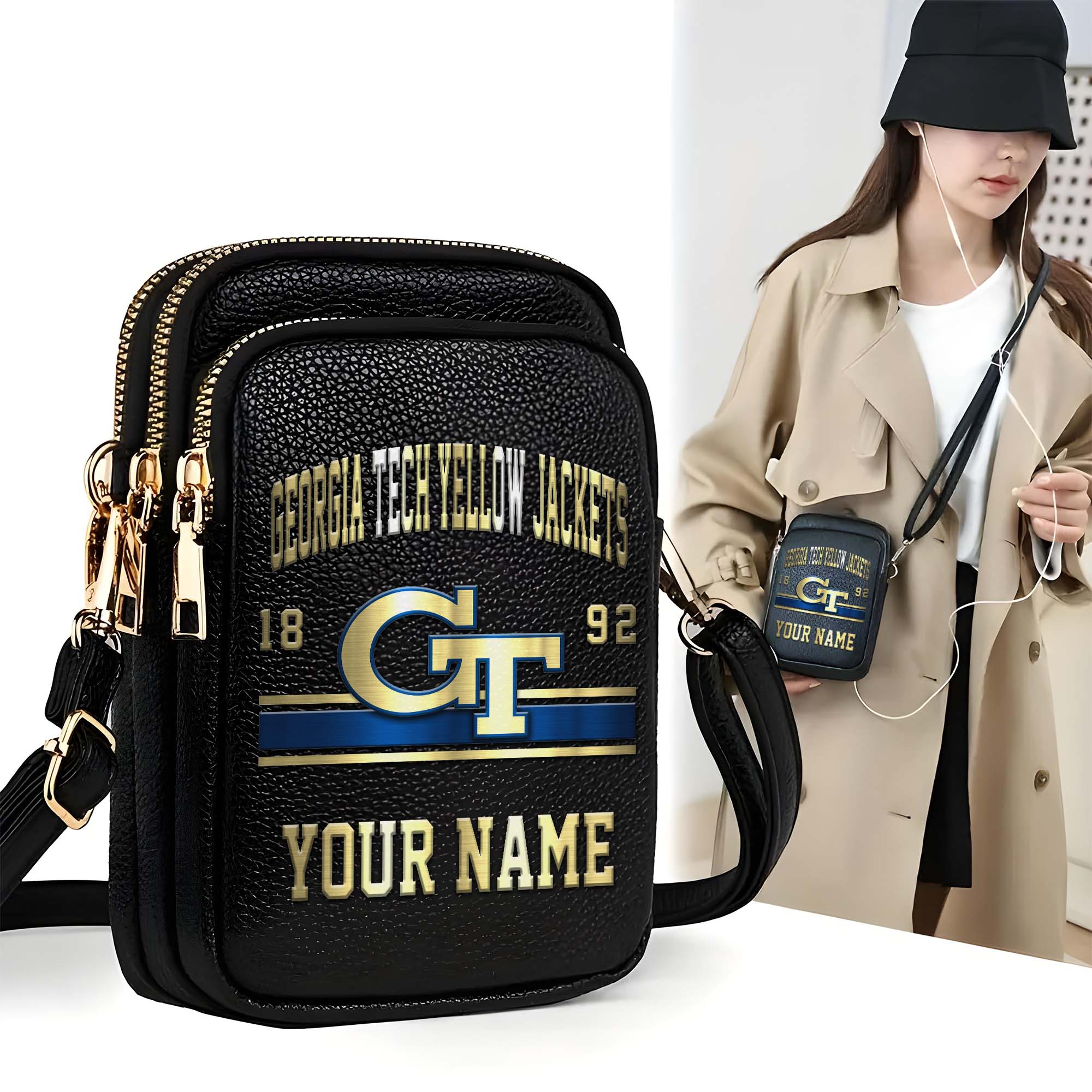 Georgia Tech Yellow Jackets Customized Women's Mobile Phone Bag with Your Name, Leather Crossbody Bag, Fan Gifts EHIVM-0206714