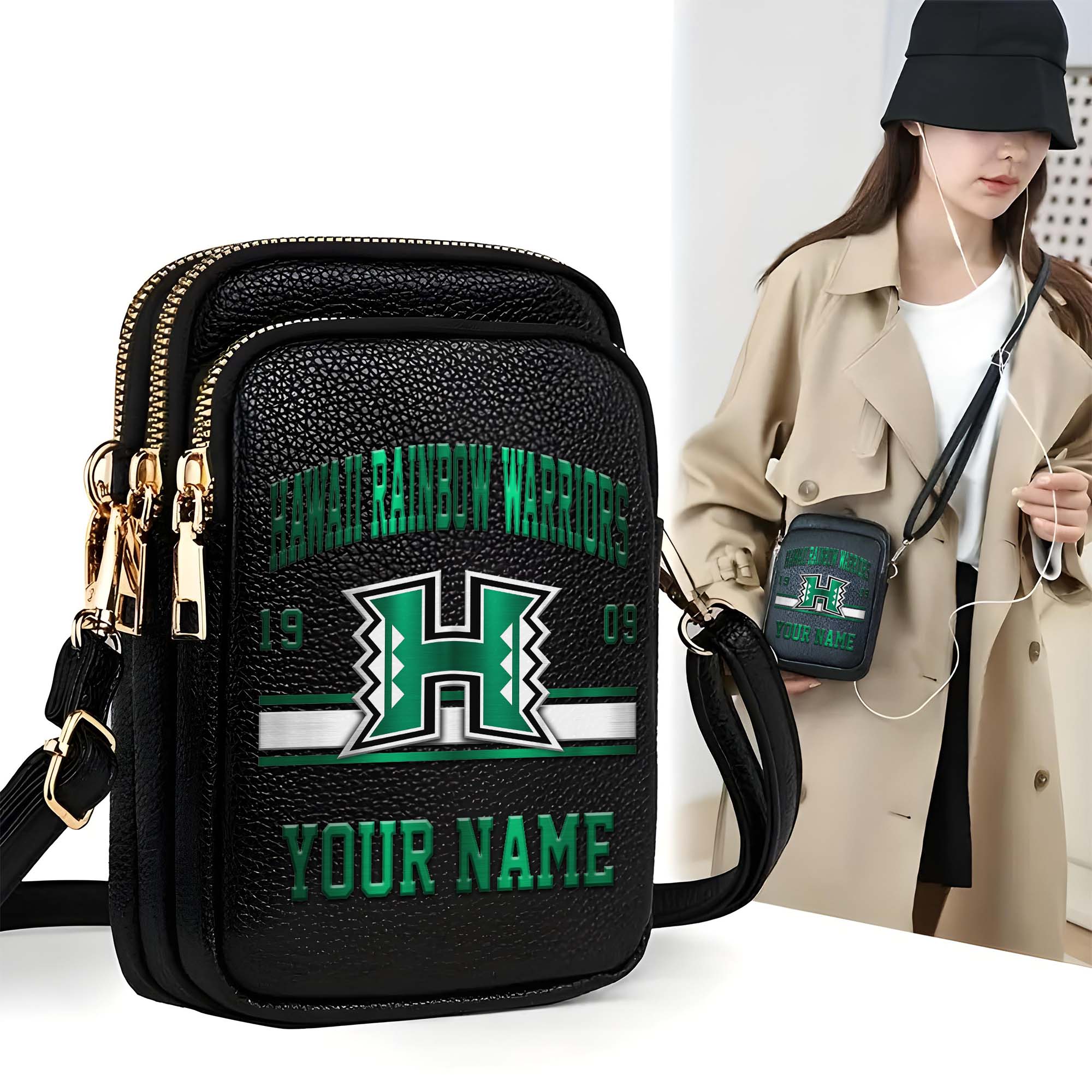 Hawaii Rainbow Warriors Customized Women's Mobile Phone Bag with Your Name, Leather Crossbody Bag, Fan Gifts EHIVM-0206714