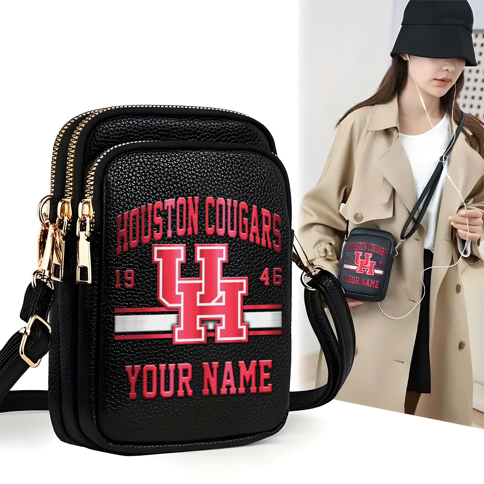 Houston Cougars Customized Women's Mobile Phone Bag with Your Name, Leather Crossbody Bag, Fan Gifts EHIVM-0206714