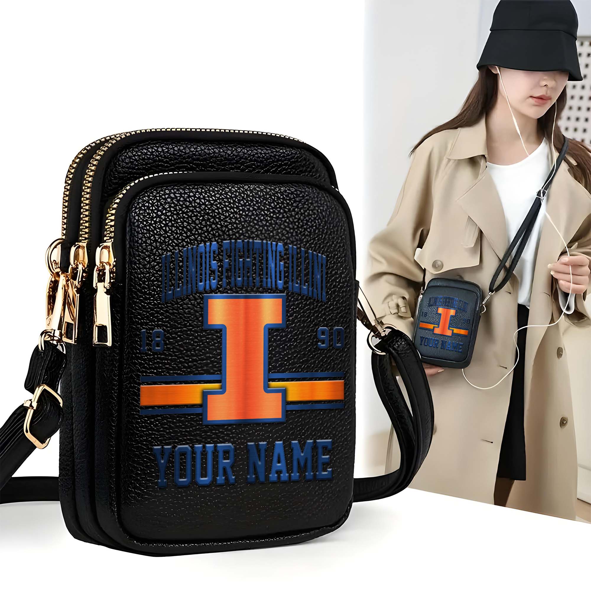 Illinois Fighting Illini Customized Women's Mobile Phone Bag with Your Name, Leather Crossbody Bag, Fan Gifts EHIVM-0206714