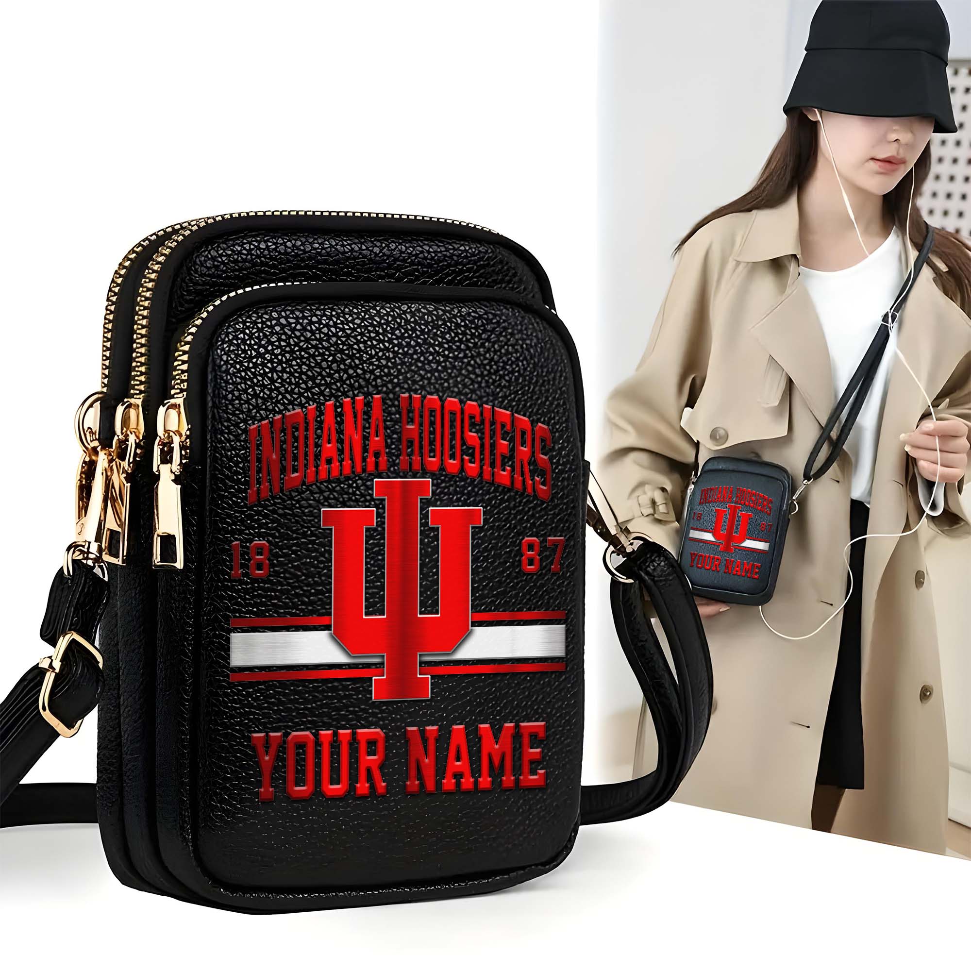 Indiana Hoosiers Customized Women's Mobile Phone Bag with Your Name, Leather Crossbody Bag, Fan Gifts EHIVM-0206714