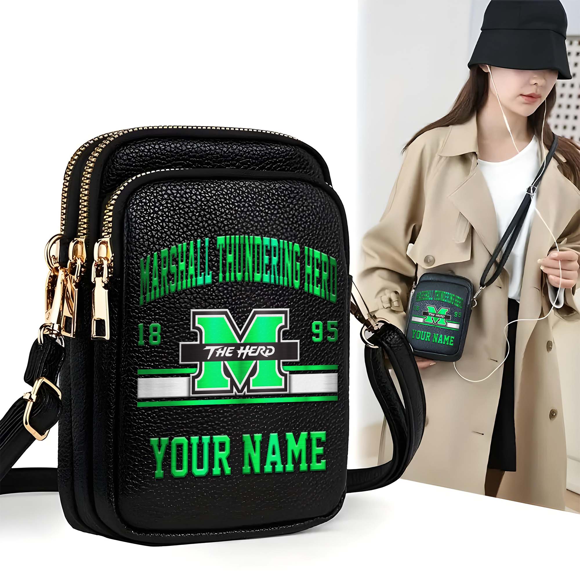 Marshall Thundering Herd Customized Women's Mobile Phone Bag with Your Name, Leather Crossbody Bag, Fan Gifts EHIVM-0206714
