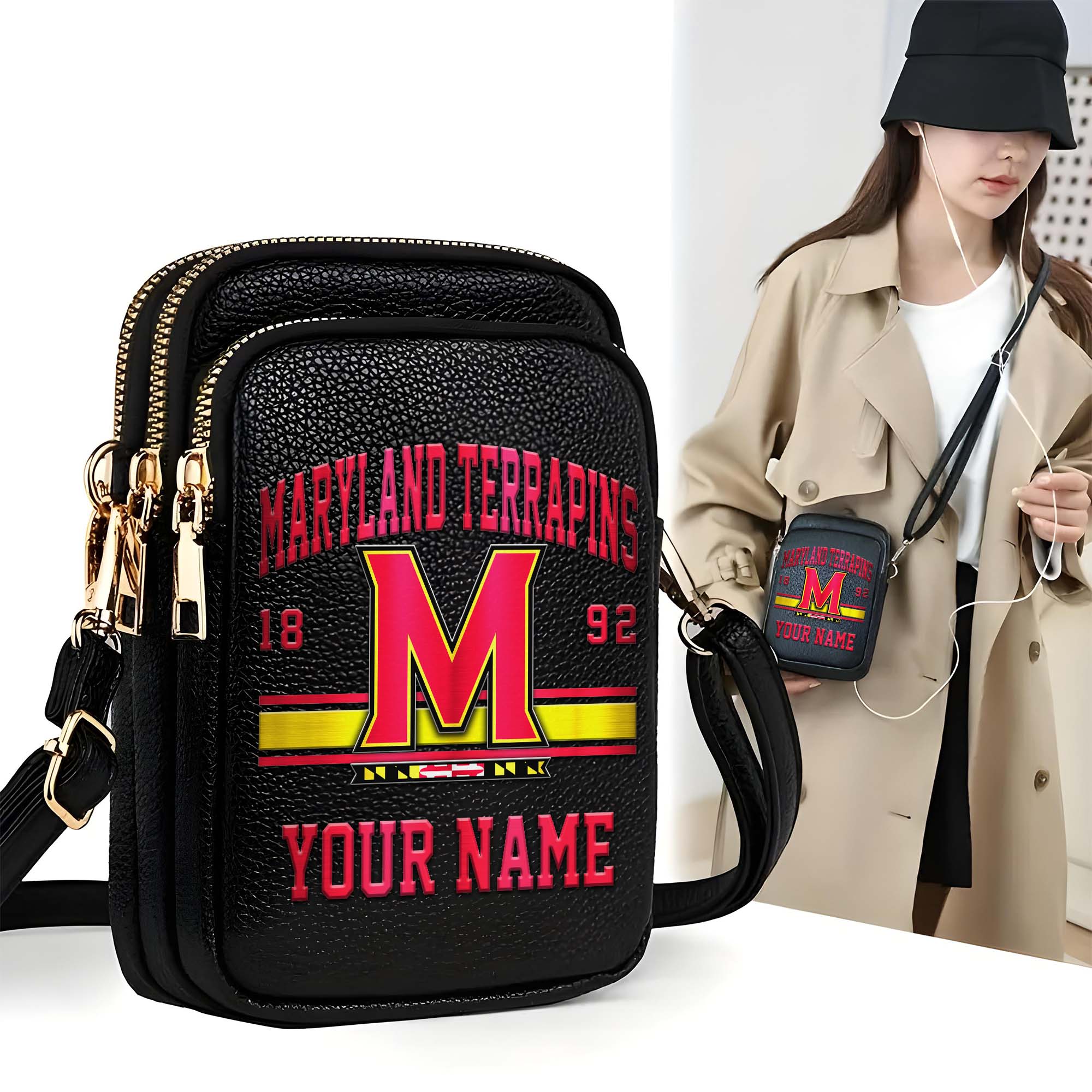 Maryland Terrapins Customized Women's Mobile Phone Bag with Your Name, Leather Crossbody Bag, Fan Gifts EHIVM-0206714