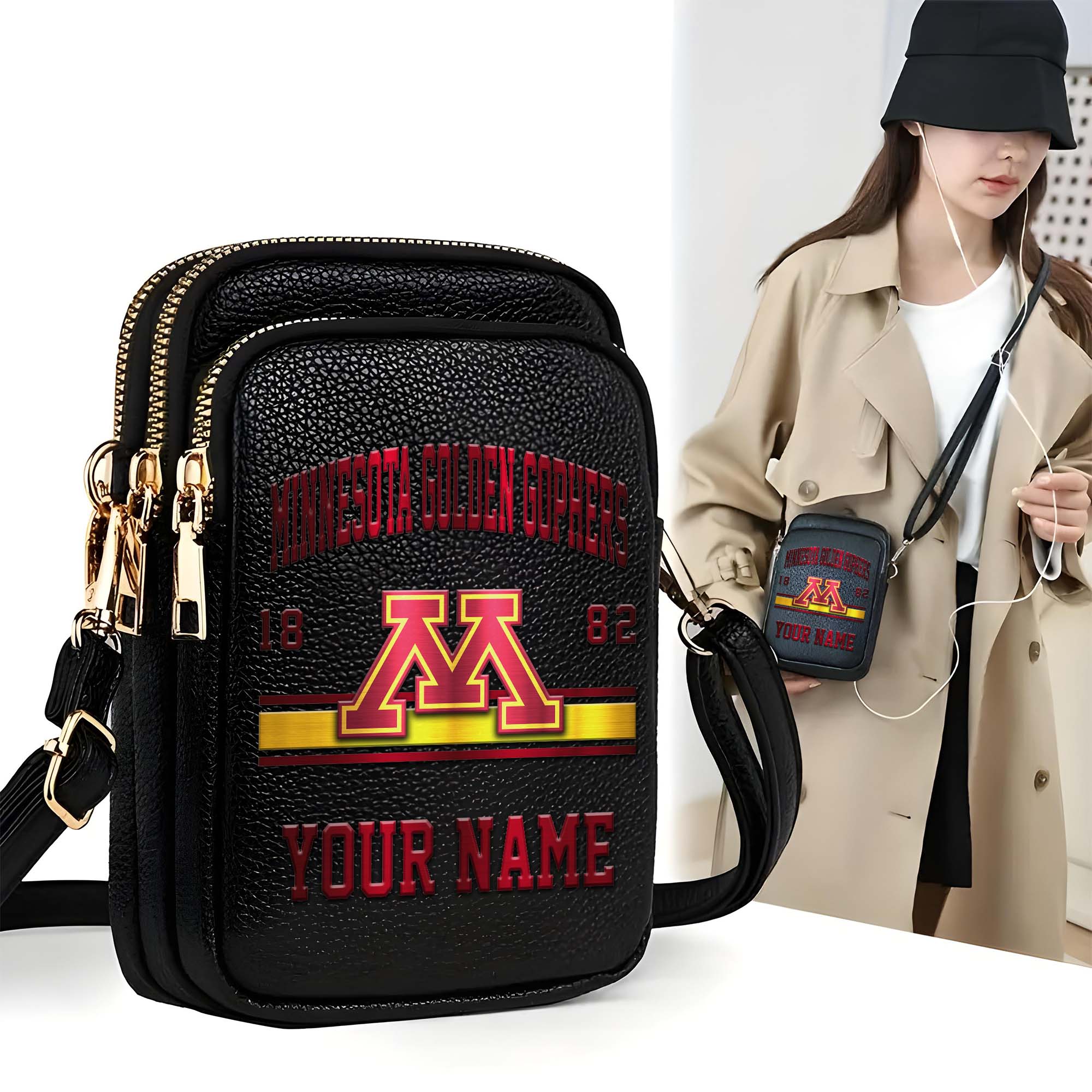Minnesota Golden Gophers Customized Women's Mobile Phone Bag with Your Name, Leather Crossbody Bag, Fan Gifts EHIVM-0206714
