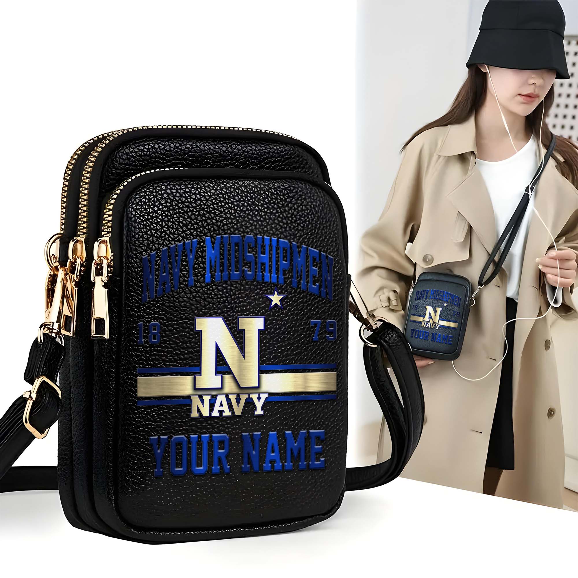 Navy Midshipmen Customized Women's Mobile Phone Bag with Your Name, Leather Crossbody Bag, Fan Gifts EHIVM-0206714