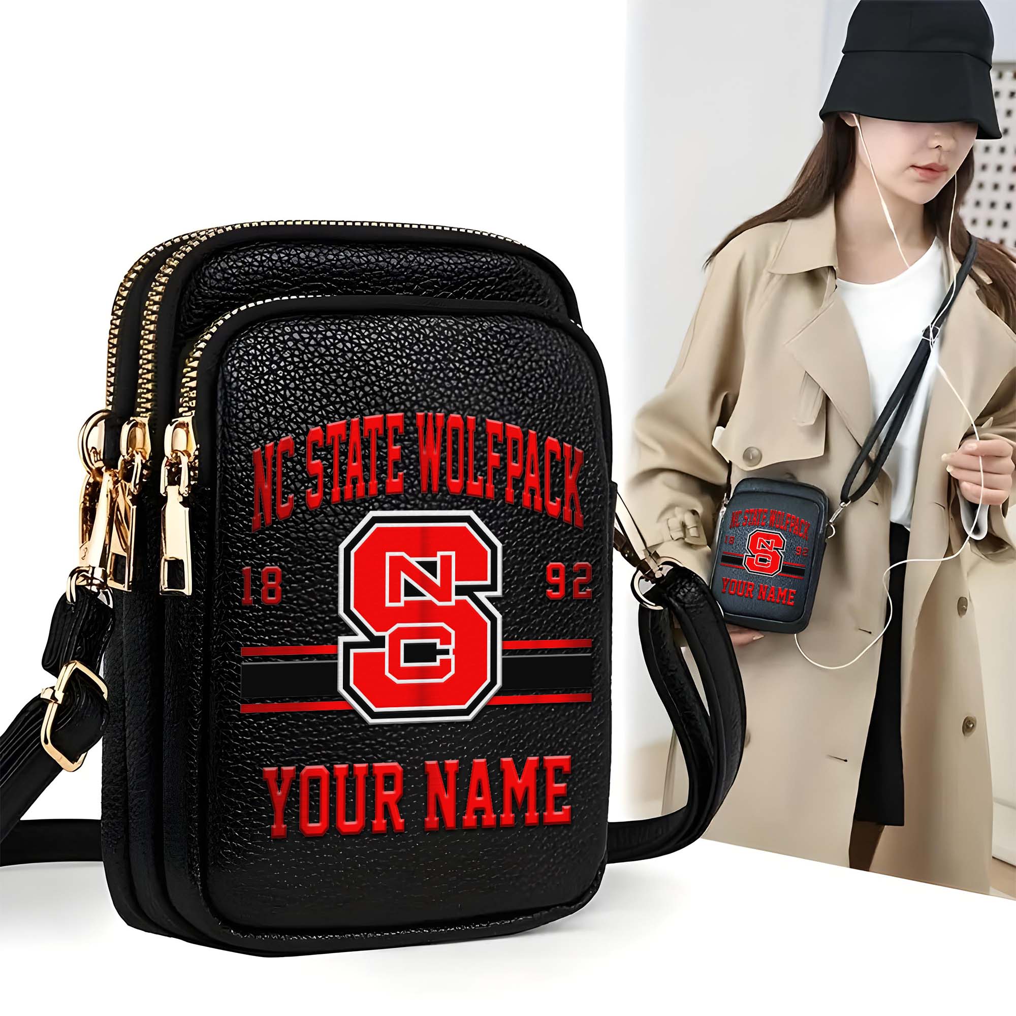 NC State Wolfpack Customized Women's Mobile Phone Bag with Your Name, Leather Crossbody Bag, Fan Gifts EHIVM-0206714
