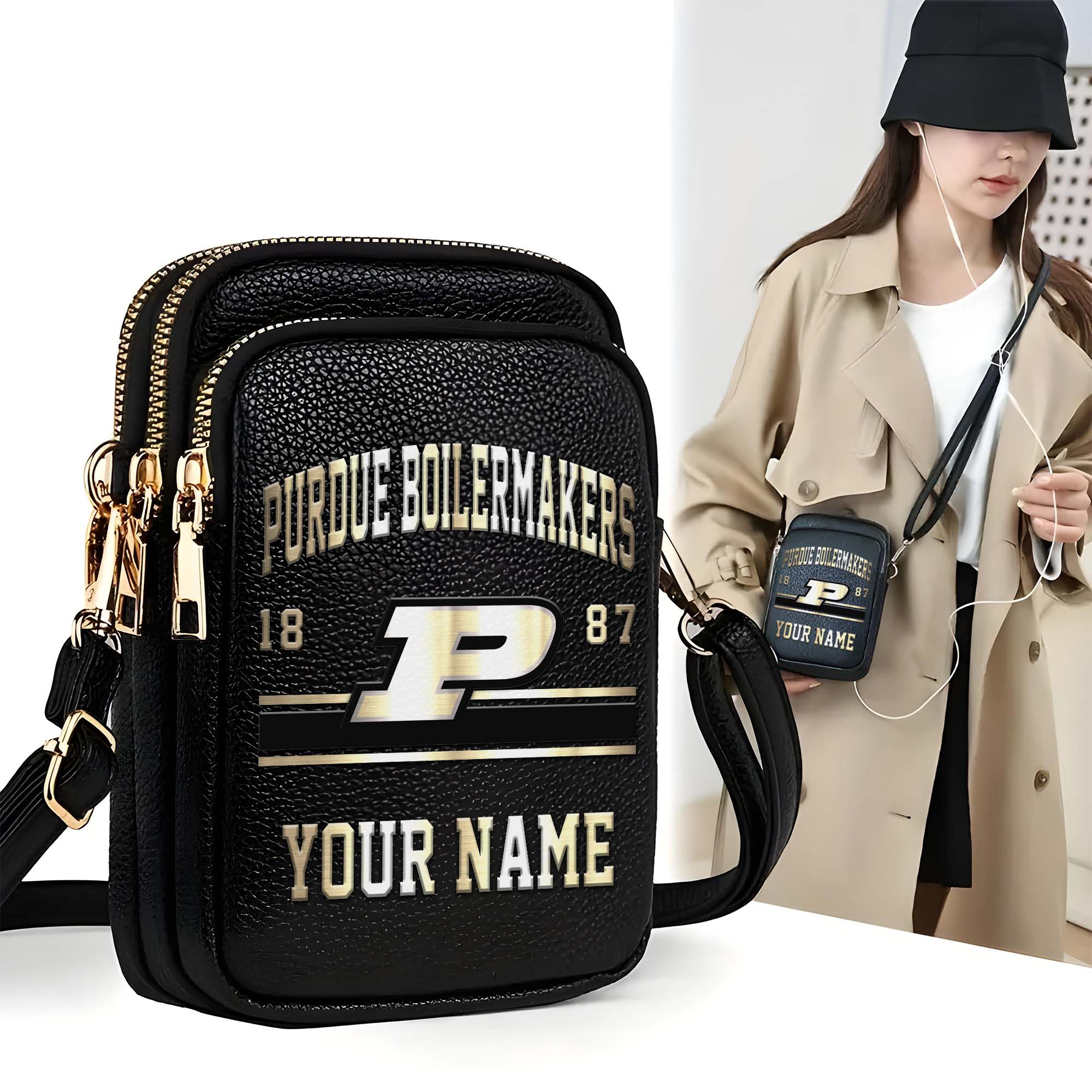 Purdue Boilermakers Customized Women's Mobile Phone Bag with Your Name, Leather Crossbody Bag, Fan Gifts EHIVM-0206714