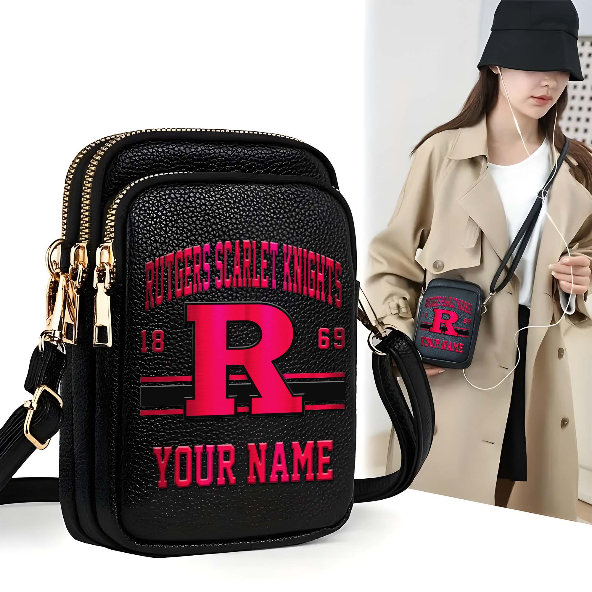 Rutgers Scarlet Knights Customized Women's Mobile Phone Bag with Your Name, Leather Crossbody Bag, Fan Gifts EHIVM-0206714