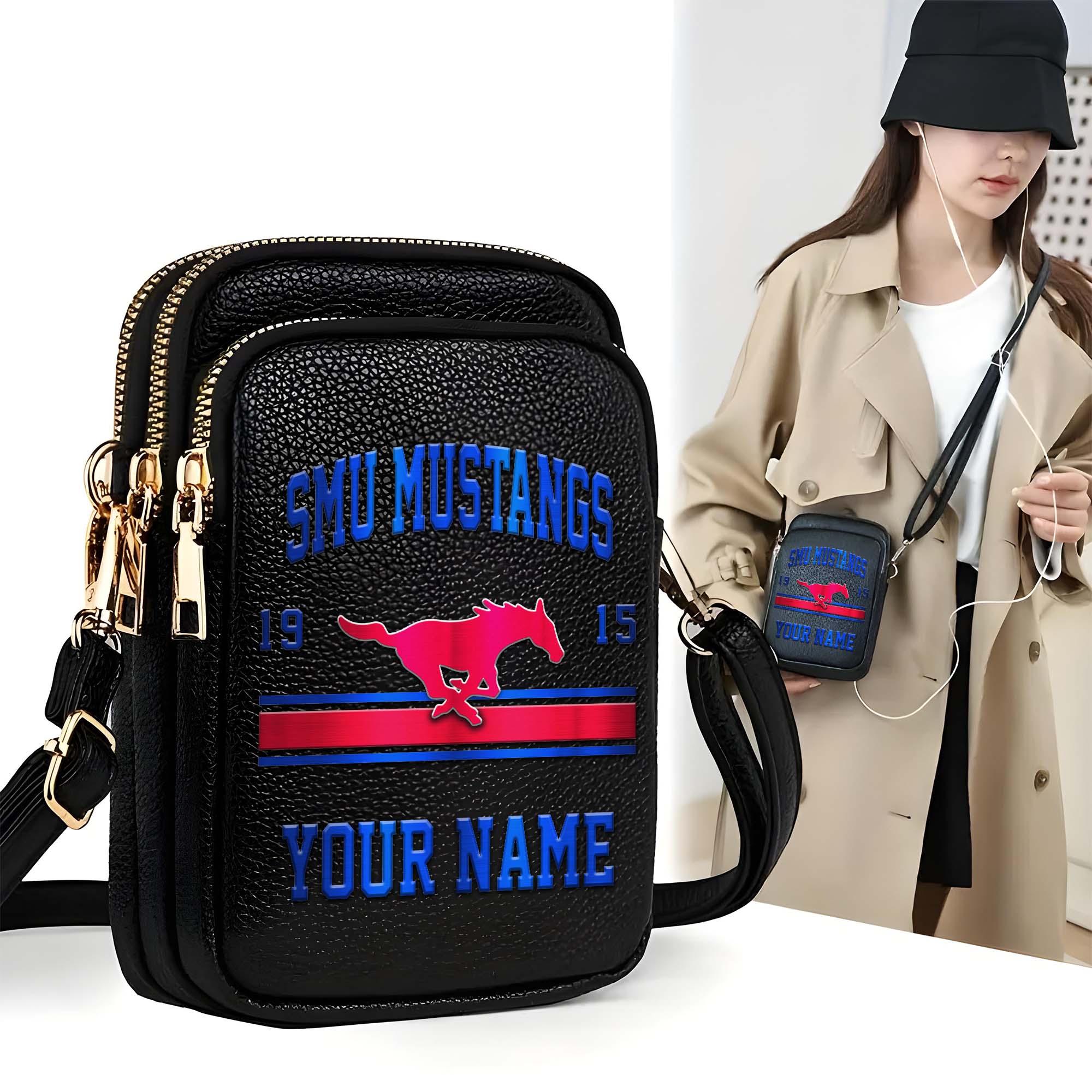 SMU Mustangs Customized Women's Mobile Phone Bag with Your Name, Leather Crossbody Bag, Fan Gifts EHIVM-0206714