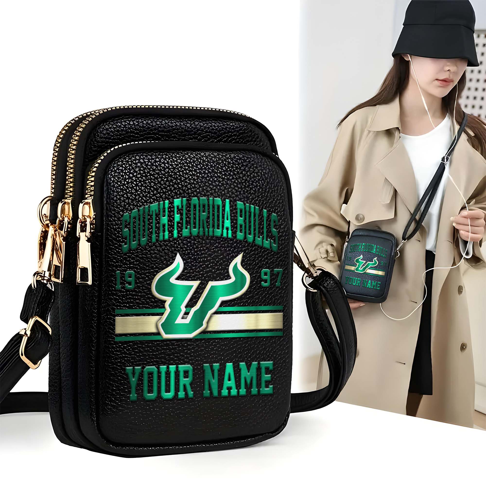 South Florida Bulls Customized Women's Mobile Phone Bag with Your Name, Leather Crossbody Bag, Fan Gifts EHIVM-0206714