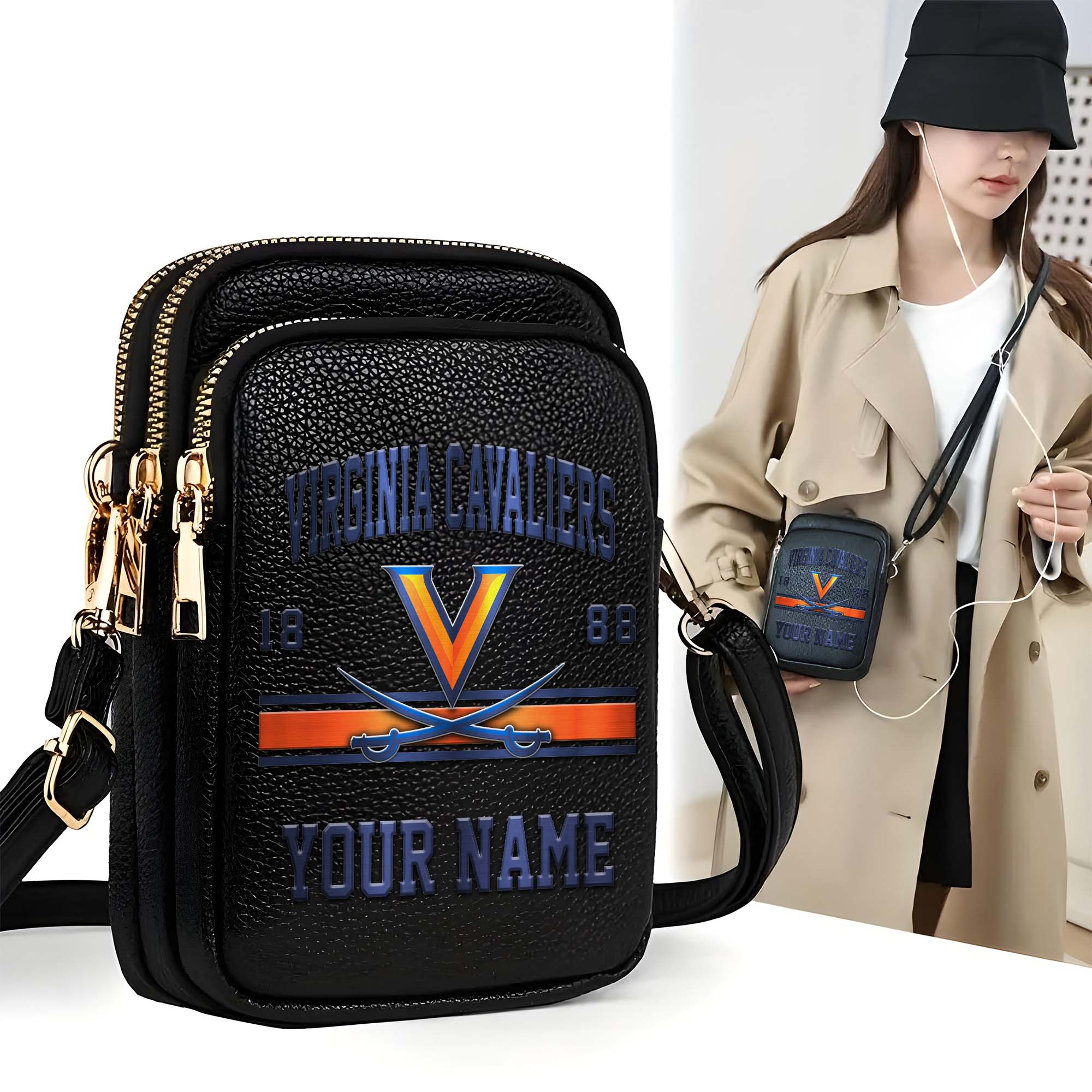 Virginia Cavaliers Customized Women's Mobile Phone Bag with Your Name, Leather Crossbody Bag, Fan Gifts EHIVM-0206714
