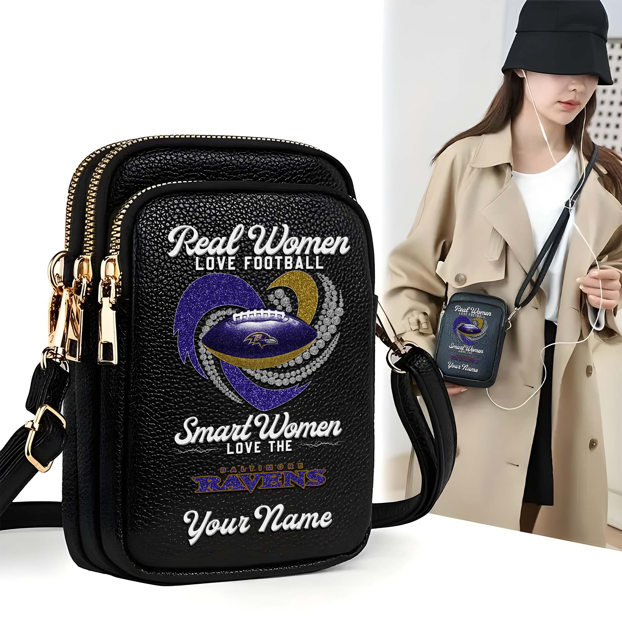Baltimore Ravens Customized Women's Mobile Phone Bag with Your Name, Leather Crossbody Bag, Fan Gifts EHIVM-0210776