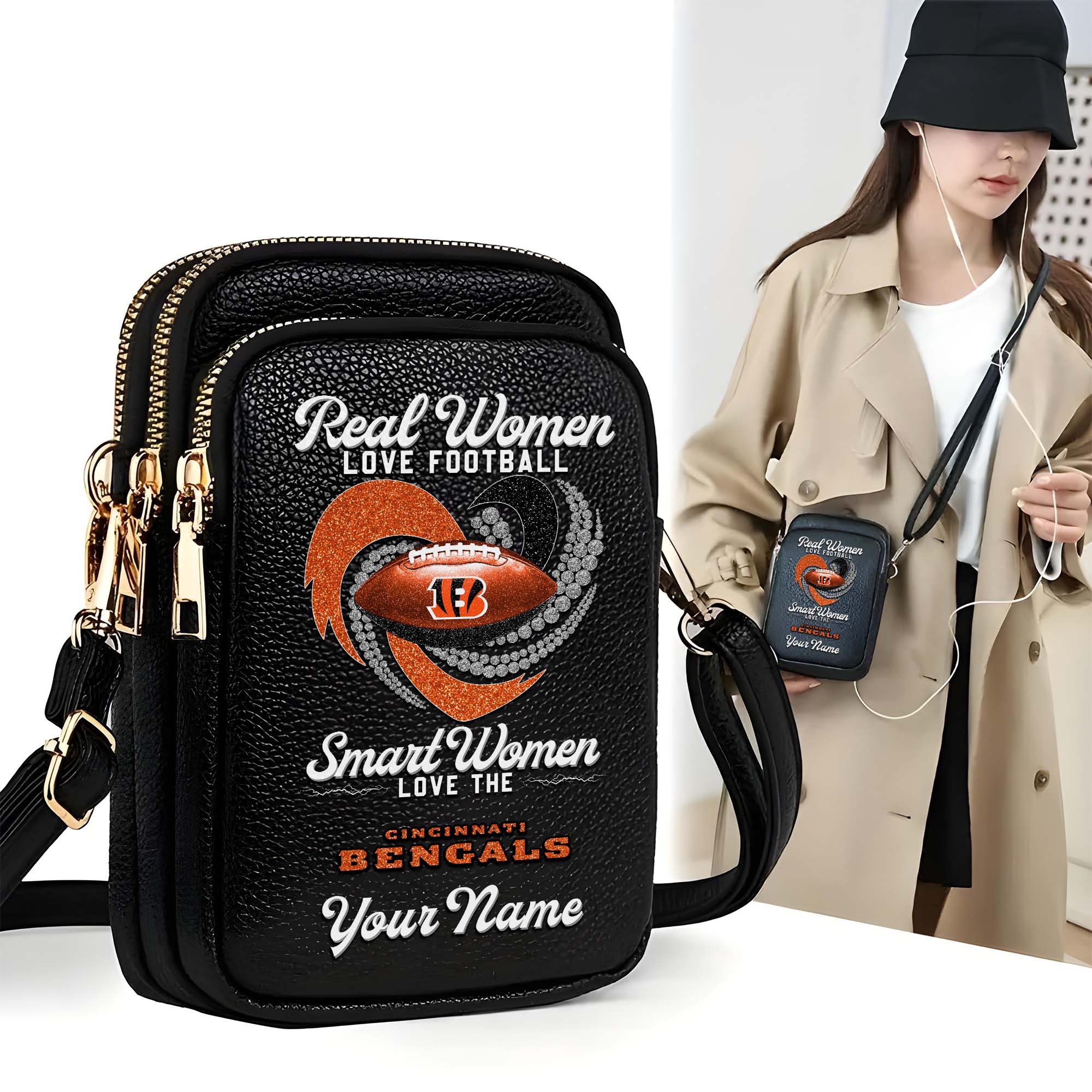 Cincinnati Bengals Customized Women's Mobile Phone Bag with Your Name, Leather Crossbody Bag, Fan Gifts EHIVM-0210776