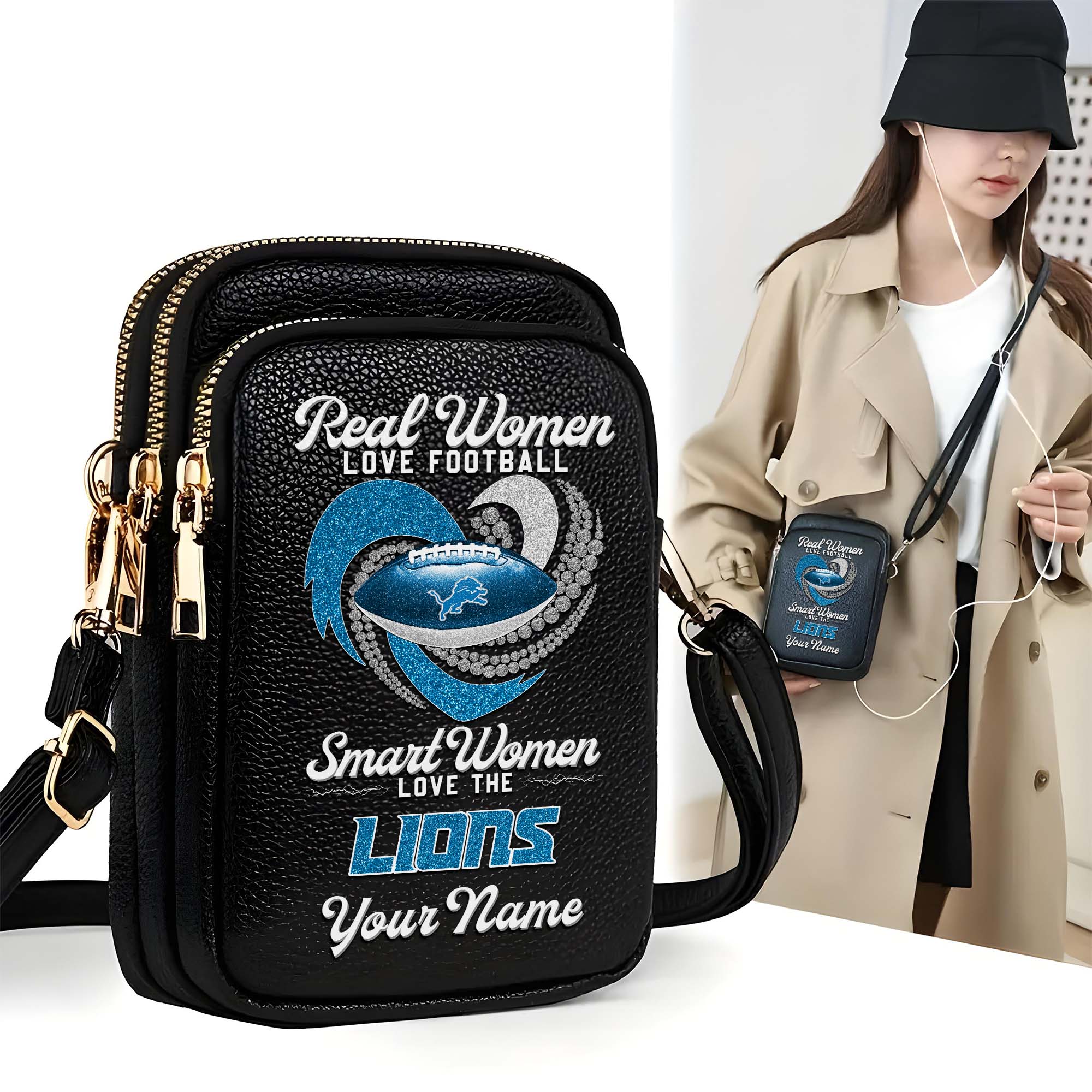 Detroit Lions Customized Women's Mobile Phone Bag with Your Name, Leather Crossbody Bag, Fan Gifts EHIVM-0210776