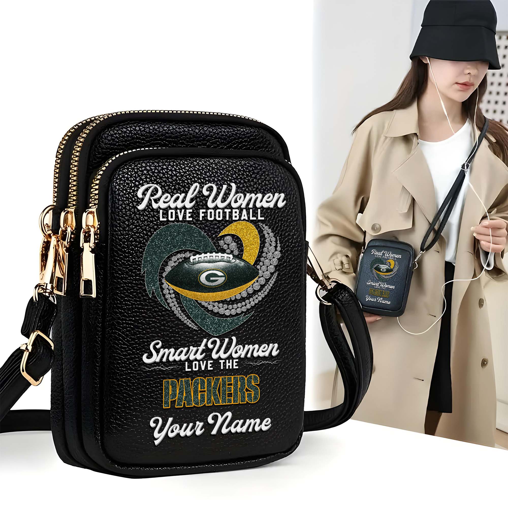 Green Bay Packers Customized Women's Mobile Phone Bag with Your Name, Leather Crossbody Bag, Fan Gifts EHIVM-0210776