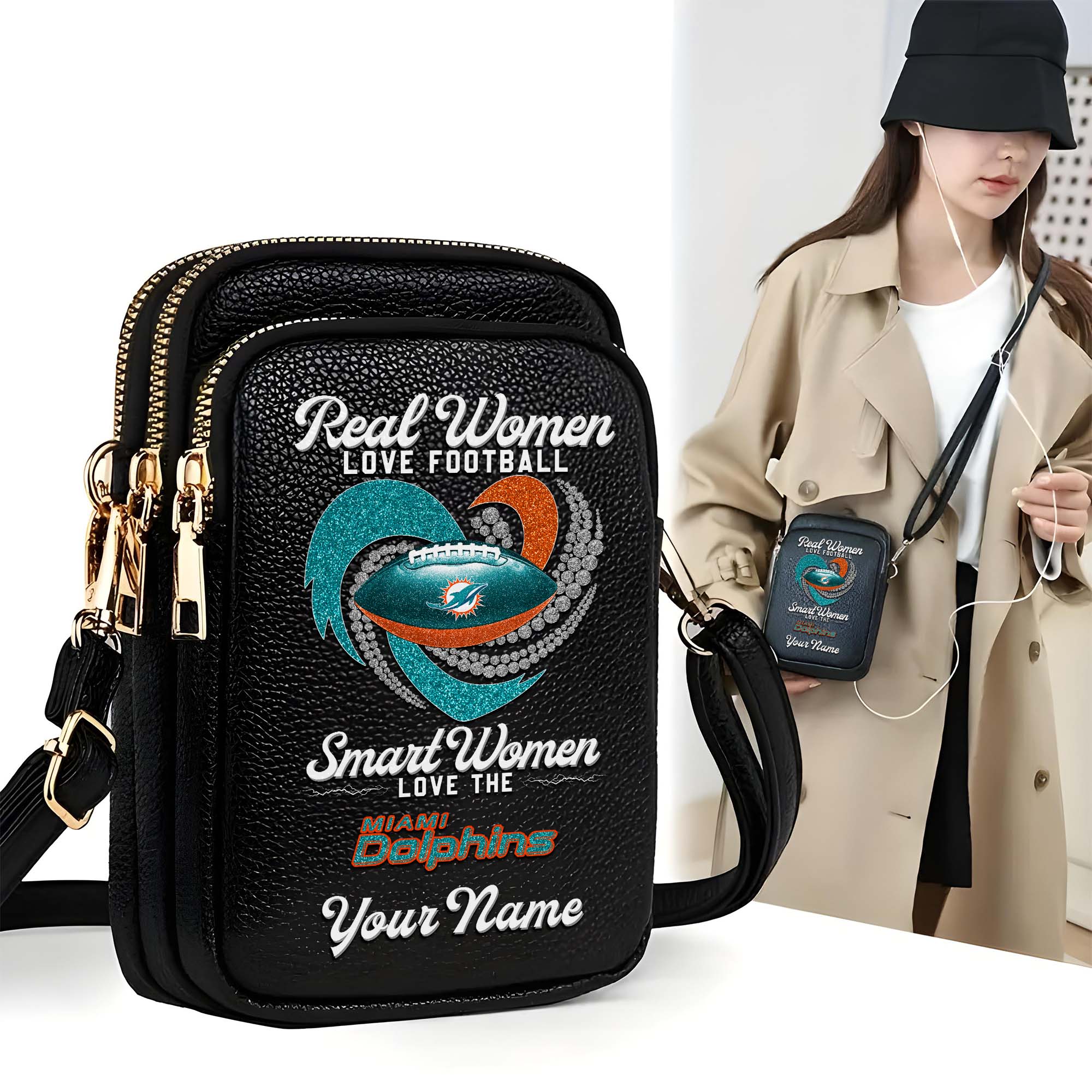 Miami Dolphins Customized Women's Mobile Phone Bag with Your Name, Leather Crossbody Bag, Fan Gifts EHIVM-0210776