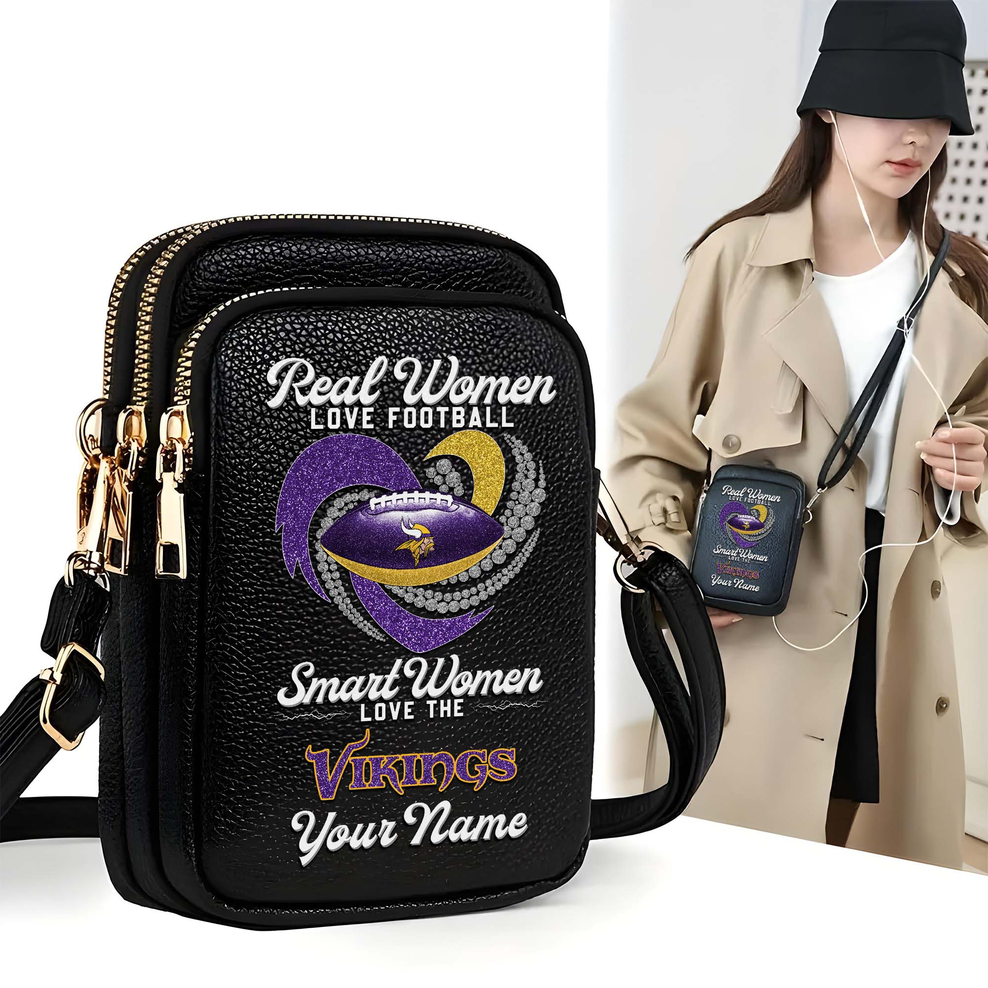 Minnesota Vikings Customized Women's Mobile Phone Bag with Your Name, Leather Crossbody Bag, Fan Gifts EHIVM-0210776