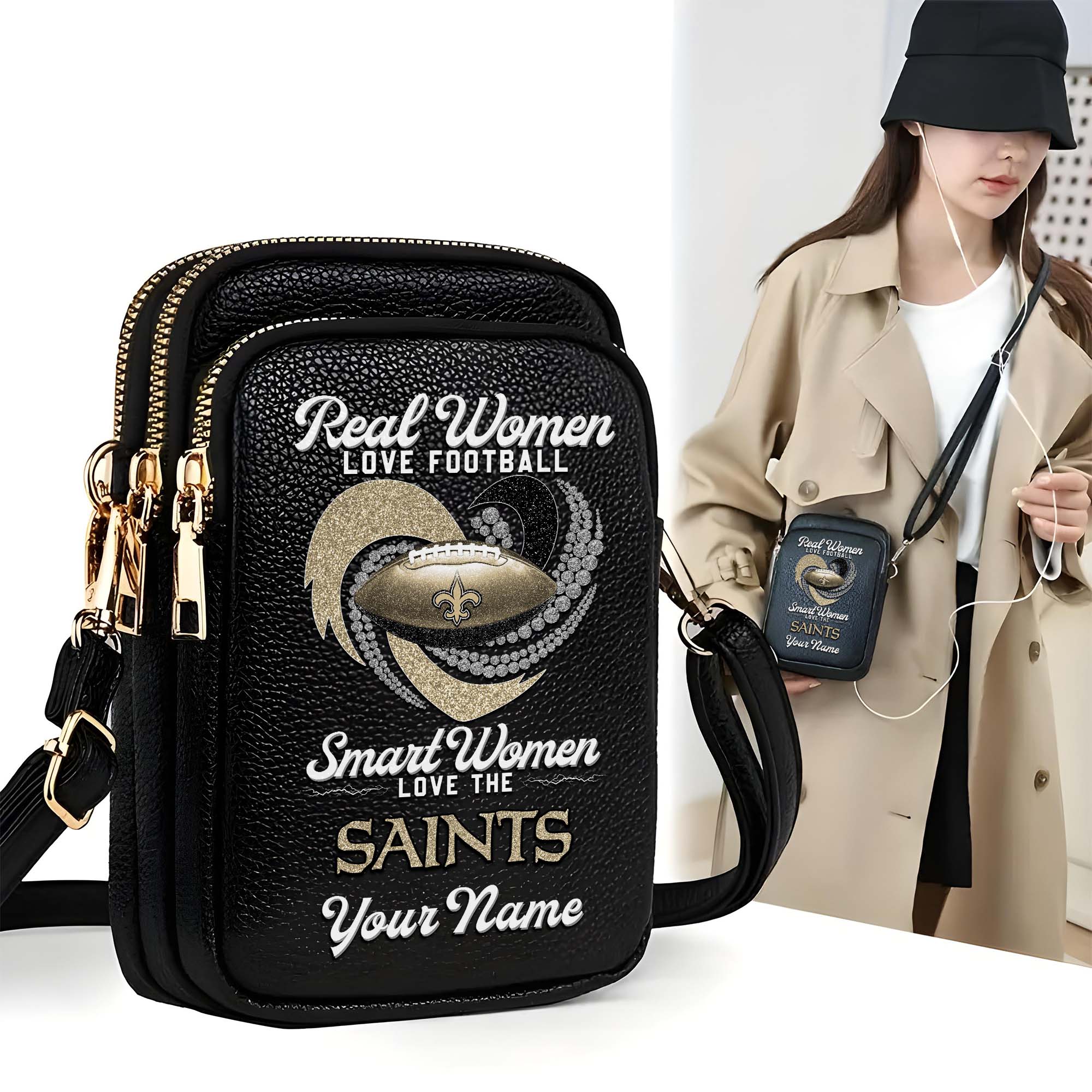 New Orleans Saints Customized Women's Mobile Phone Bag with Your Name, Leather Crossbody Bag, Fan Gifts EHIVM-0210776