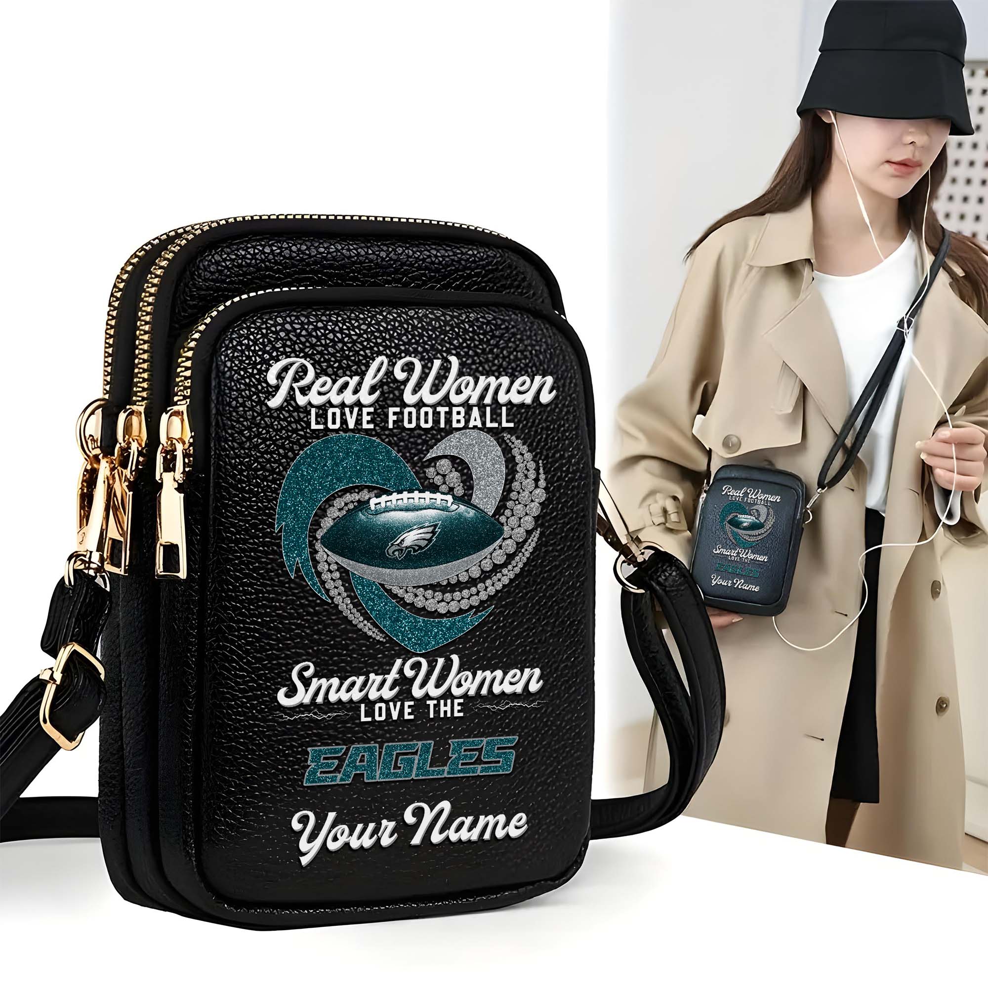 Philadelphia Eagles Customized Women's Mobile Phone Bag with Your Name, Leather Crossbody Bag, Fan Gifts EHIVM-0210776