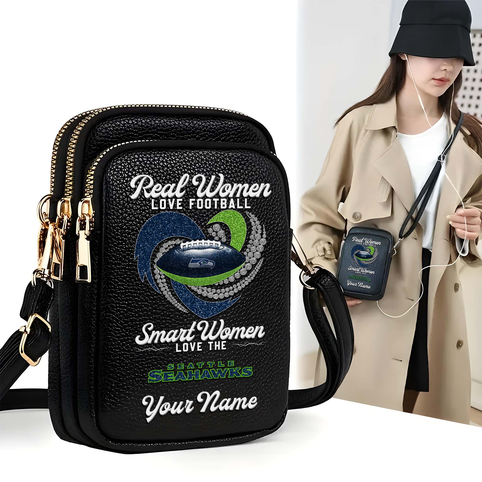 Seattle Seahawks Customized Women's Mobile Phone Bag with Your Name, Leather Crossbody Bag, Fan Gifts EHIVM-0210776