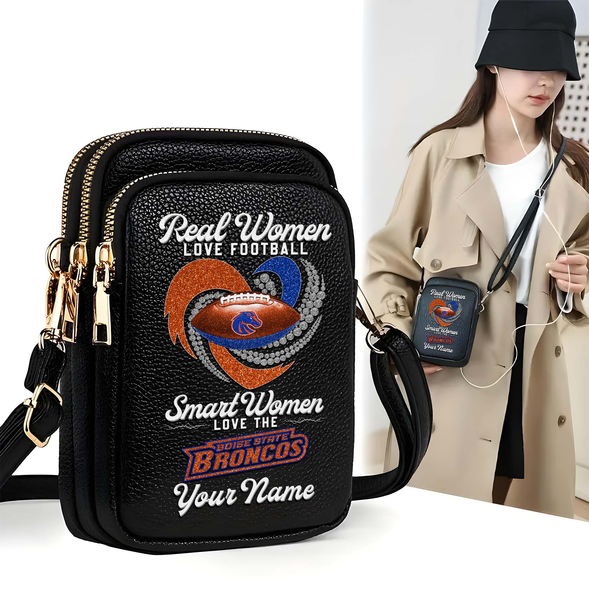Boise State Broncos Customized Women's Mobile Phone Bag with Your Name, Leather Crossbody Bag, Fan Gifts EHIVM-0212831