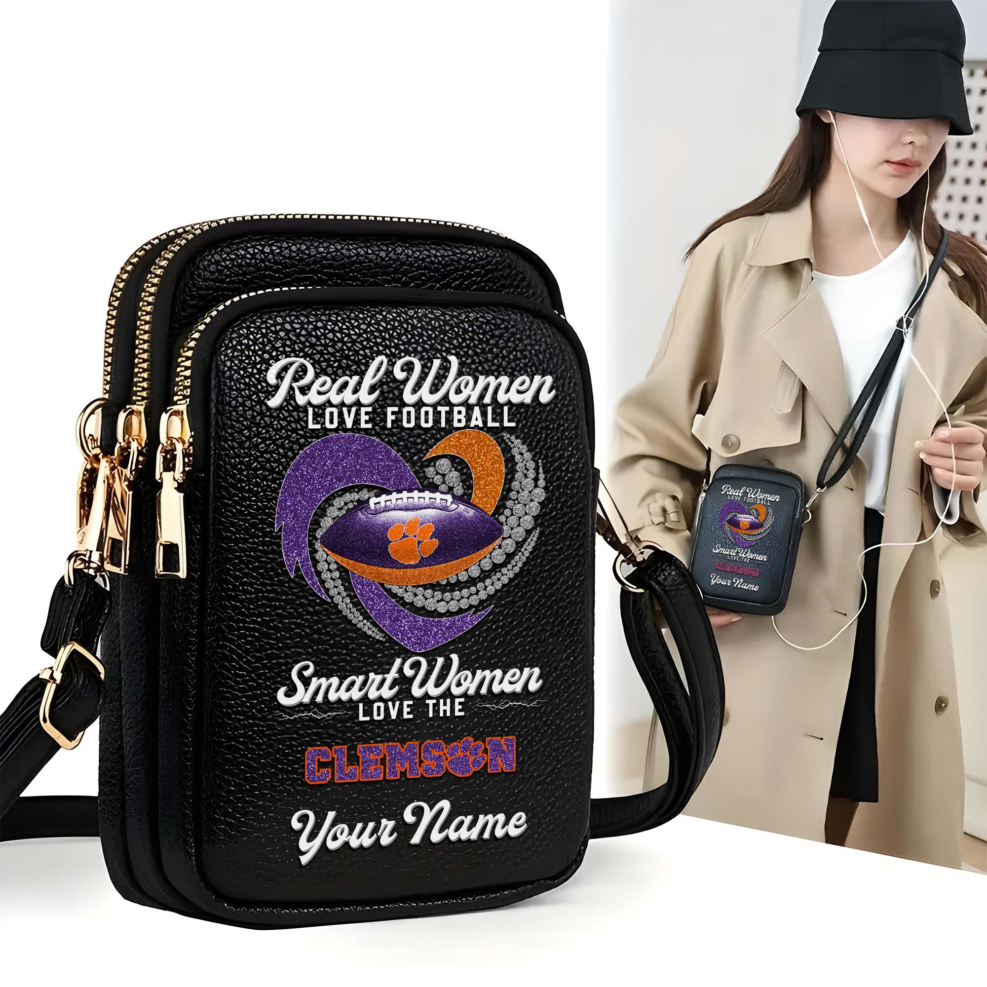 Clemson Tigers Customized Women's Mobile Phone Bag with Your Name, Leather Crossbody Bag, Fan Gifts EHIVM-0212831