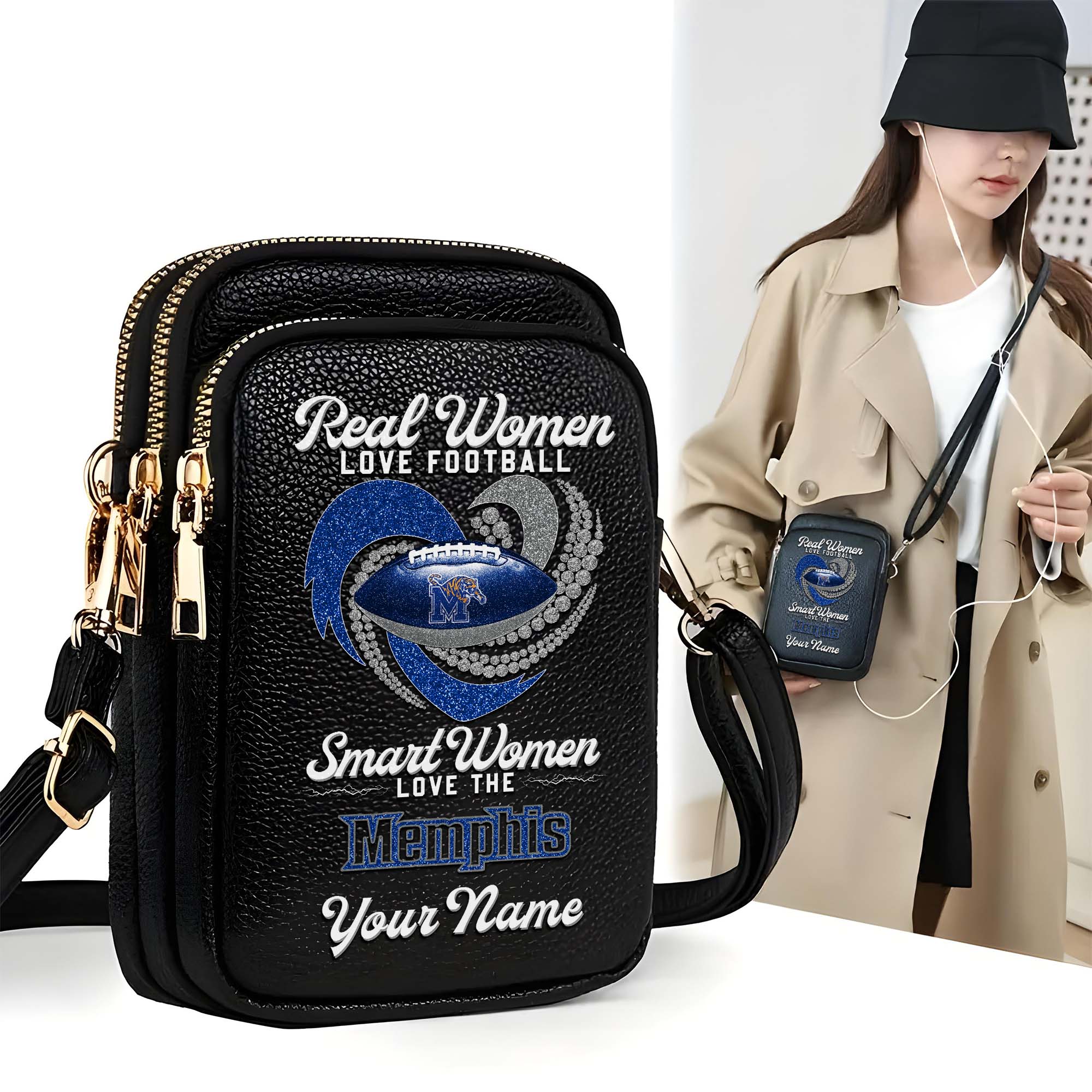 Memphis Tigers Customized Women's Mobile Phone Bag with Your Name, Leather Crossbody Bag, Fan Gifts EHIVM-0212831