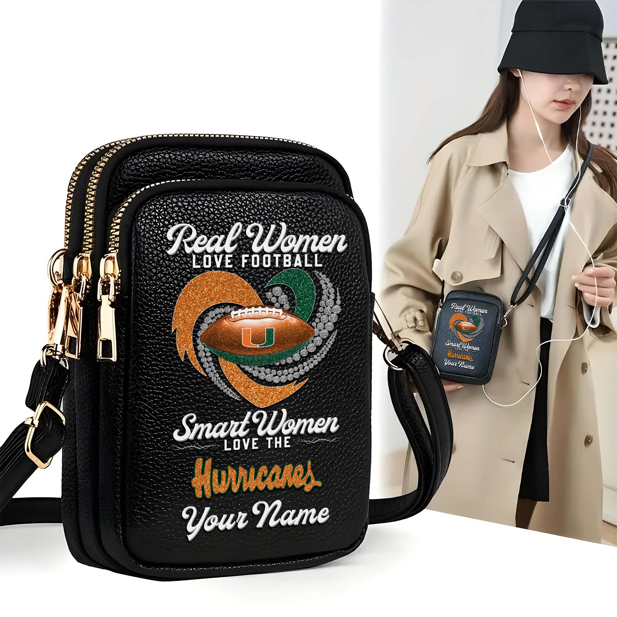 Miami Hurricanes Customized Women's Mobile Phone Bag with Your Name, Leather Crossbody Bag, Fan Gifts EHIVM-0212831