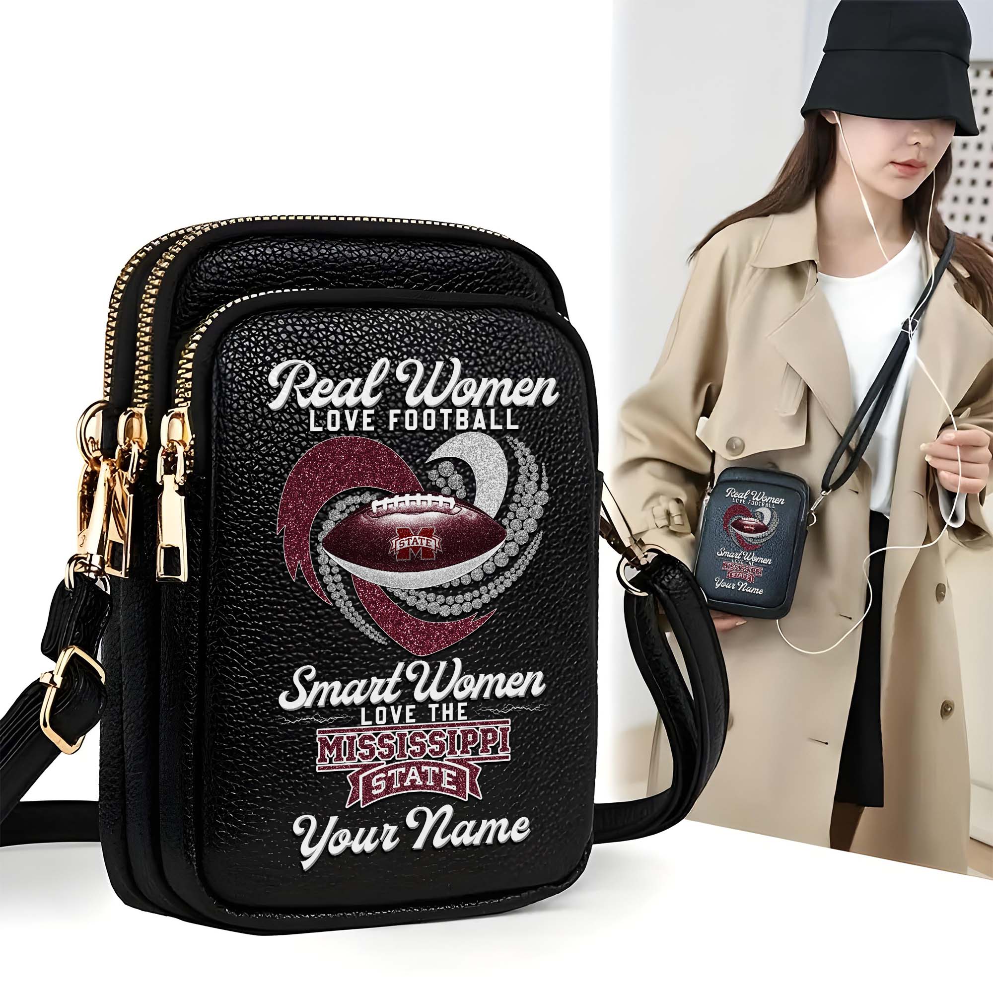 Mississippi State Bulldogs Customized Women's Mobile Phone Bag with Your Name, Leather Crossbody Bag, Fan Gifts EHIVM-0212831