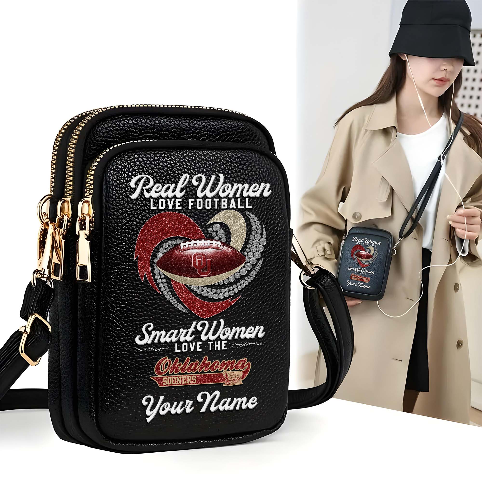 Oklahoma Sooners Customized Women's Mobile Phone Bag with Your Name, Leather Crossbody Bag, Fan Gifts EHIVM-0212831