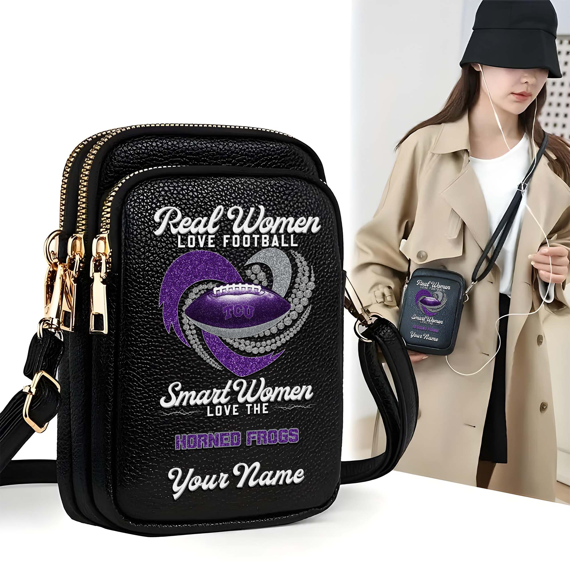 TCU Horned Frogs Customized Women's Mobile Phone Bag with Your Name, Leather Crossbody Bag, Fan Gifts EHIVM-0212831