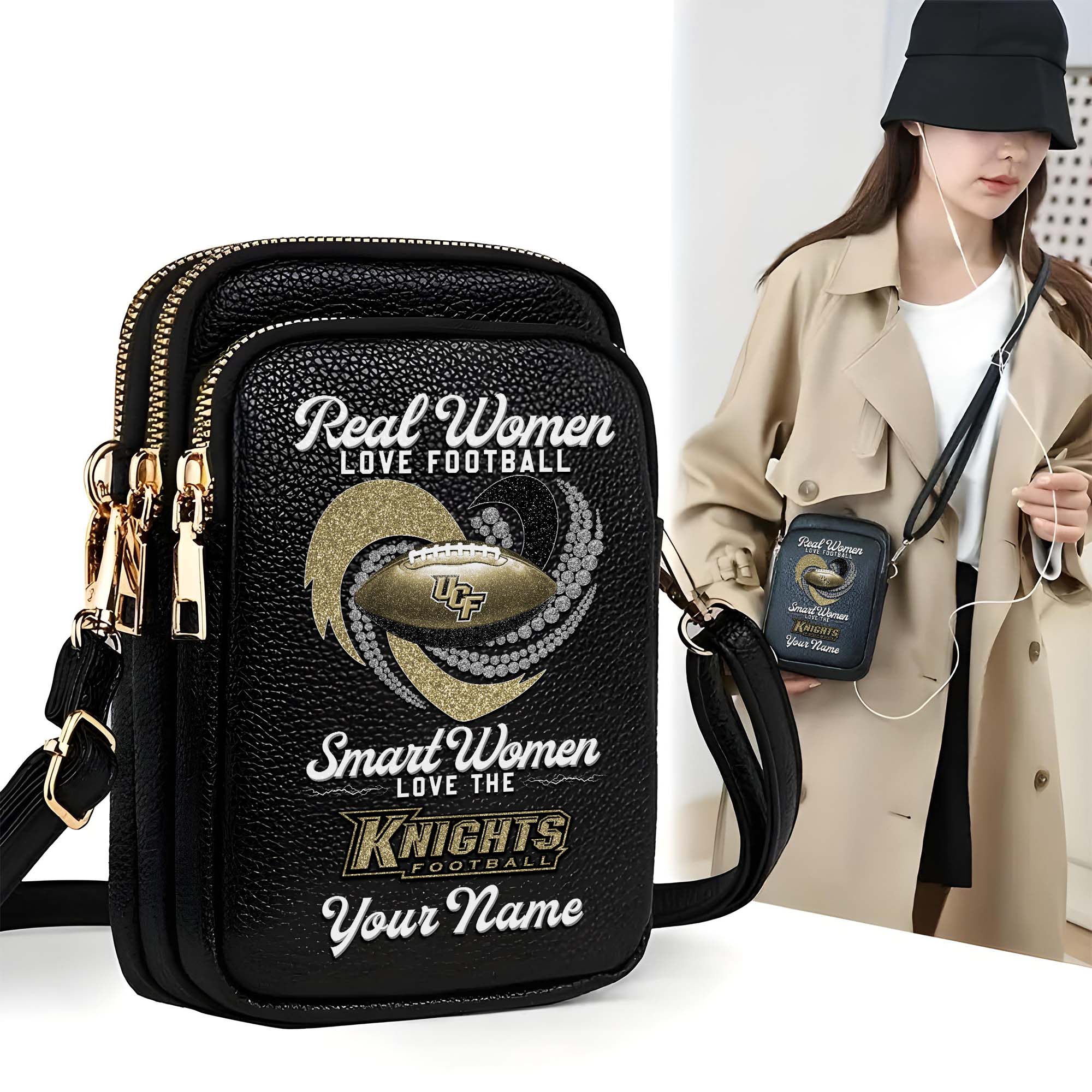 UCF Knights Customized Women's Mobile Phone Bag with Your Name, Leather Crossbody Bag, Fan Gifts EHIVM-0212831