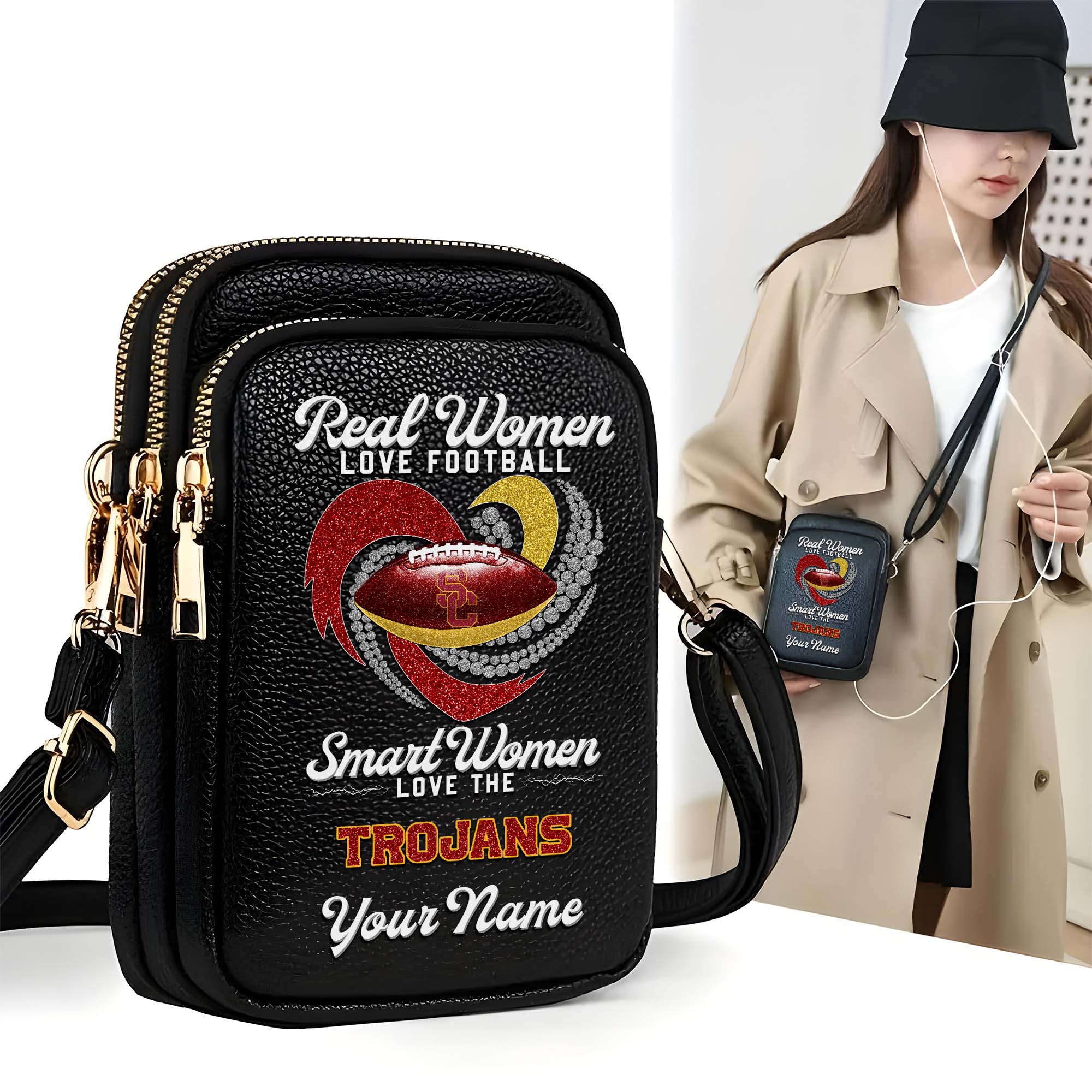 USC Trojans Customized Women's Mobile Phone Bag with Your Name, Leather Crossbody Bag, Fan Gifts EHIVM-0212831
