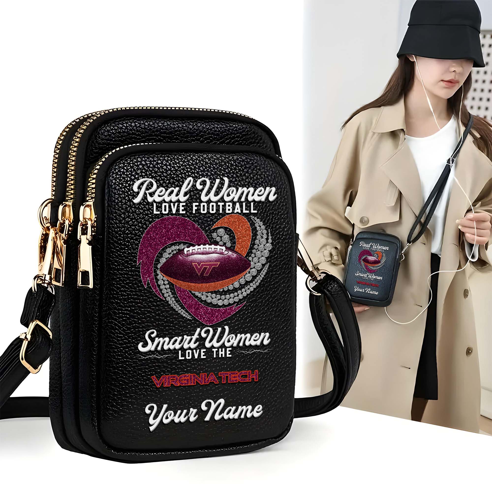 Virginia Tech Hokies Customized Women's Mobile Phone Bag with Your Name, Leather Crossbody Bag, Fan Gifts EHIVM-0212831