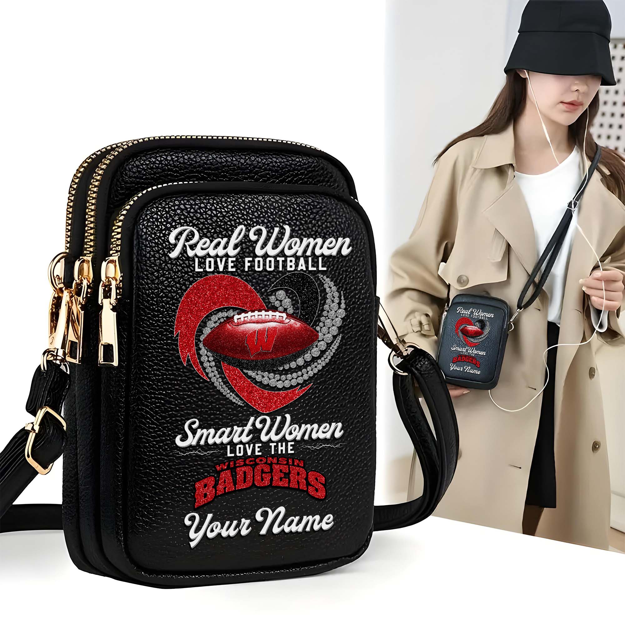Wisconsin Badgers Customized Women's Mobile Phone Bag with Your Name, Leather Crossbody Bag, Fan Gifts EHIVM-0212831