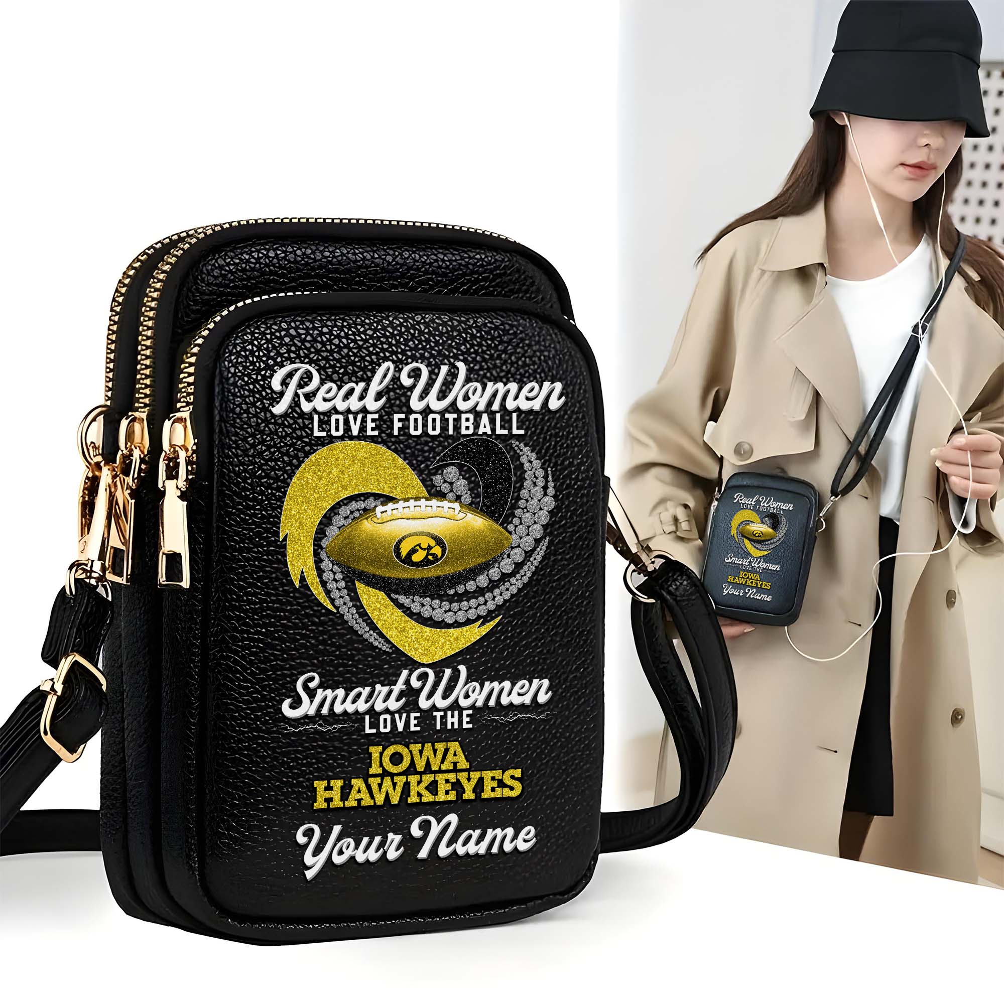 Iowa Hawkeyes Customized Women's Mobile Phone Bag with Your Name, Leather Crossbody Bag, Fan Gifts EHIVM-0212831