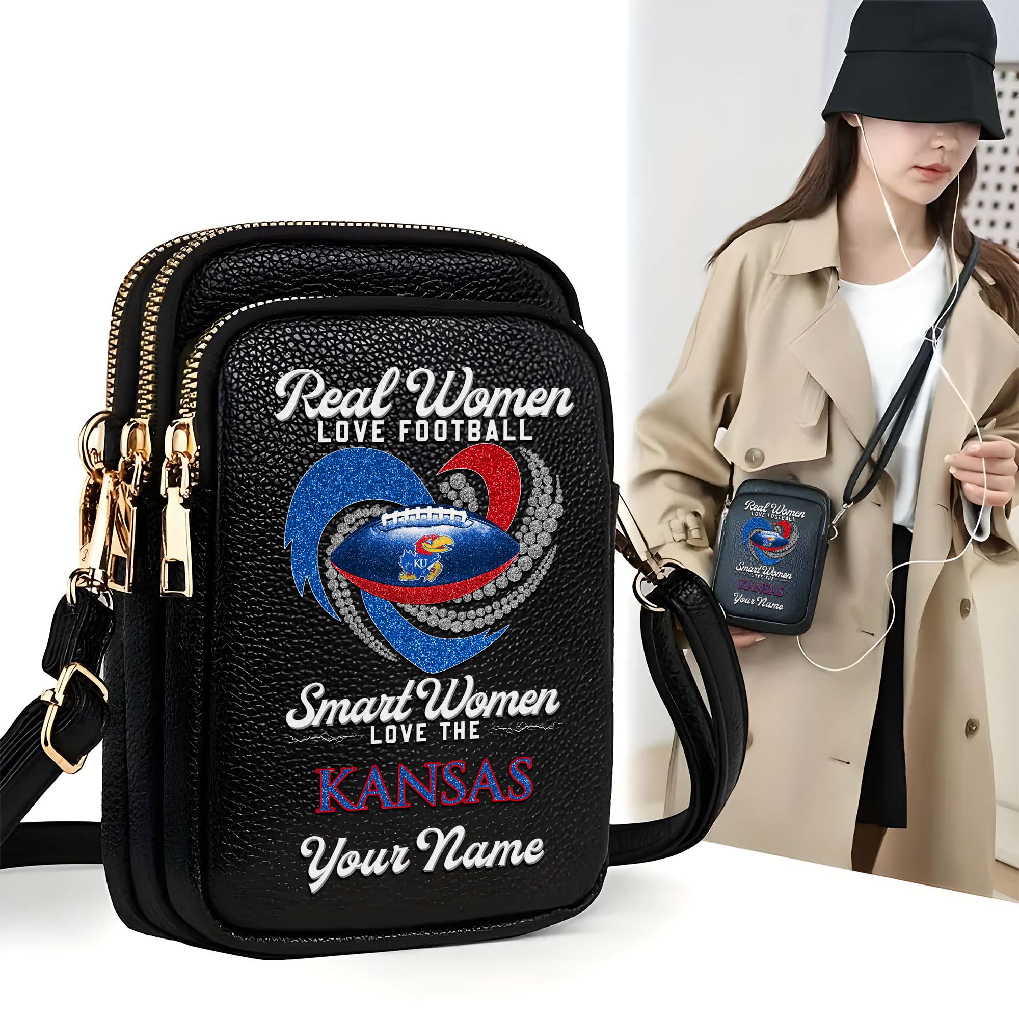 Kansas Jayhawks Customized Women's Mobile Phone Bag with Your Name, Leather Crossbody Bag, Fan Gifts EHIVM-0212831
